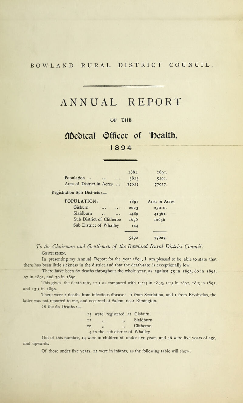 BOW LAND RURAL DISTRICT COUNCIL. ANNUAL REPORT OF THE flfteMcal ©fftcer of Ibealtb, 1894 1881. 1891. Population .. 5825 5292. Area of District in Acres ... 77027 77027. ration Sub Districts :— POPULATION: 1891 Area in Acres Gisburn 2023 23010. Slaidburn 1489 41361. Sub District of Clitheroe 1636 12656 Sub District of Whalley 144 5292 77027. To the Chairman and Gentlemen of the Bowland Rural District Council. Gentlemen, In presenting my Annual Report for the year 1894, I am pleased to be able to state that there has been little sickness in the district and that the death-rate is exceptionally low. There have been 60 deaths throughout the whole year, as against 75 in 1893, 60 in 1892, 97 in 1891, and 79 in 1890. This gives the death-rate, 11-5 as compared with i4-i7 in 1893, 11-3 in 1892, 18-3 in 1891, and 13-5 in 1890. There were 2 deaths from infectious disease ; 1 from Scarlatina, and 1 from Erysipelas, the latter was not reported to me, and occurred at Salem, near Rimington. Of the 60 Deaths :— 25 were registered at Gisburn 11 „ „ Slaidburn 20 „ „ Clitheroe 4 in the sub-district of Whalley Out of this number, 14 were in children of under five years, and 46 were five years of age, and upwards. Of those under five years, 12 were in infants, as the following table will show: