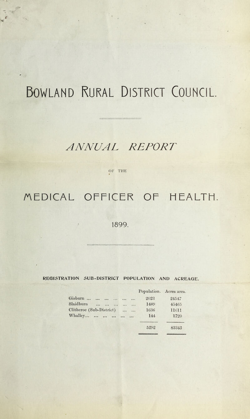 Bowland Rural District Council. ANNUAL REPORT OF THE MEDICAL OFFICER OF HEALTH. 1899. REGISTRATION SUB-DISTRICT POPULATION AND ACREAGE. Population. Acres area. Gisburn 2023 24547 Slaidburn 1489 45465 Clitheroe (Sub-District) 1630 11611 Whalley 144 1720 5292 83343