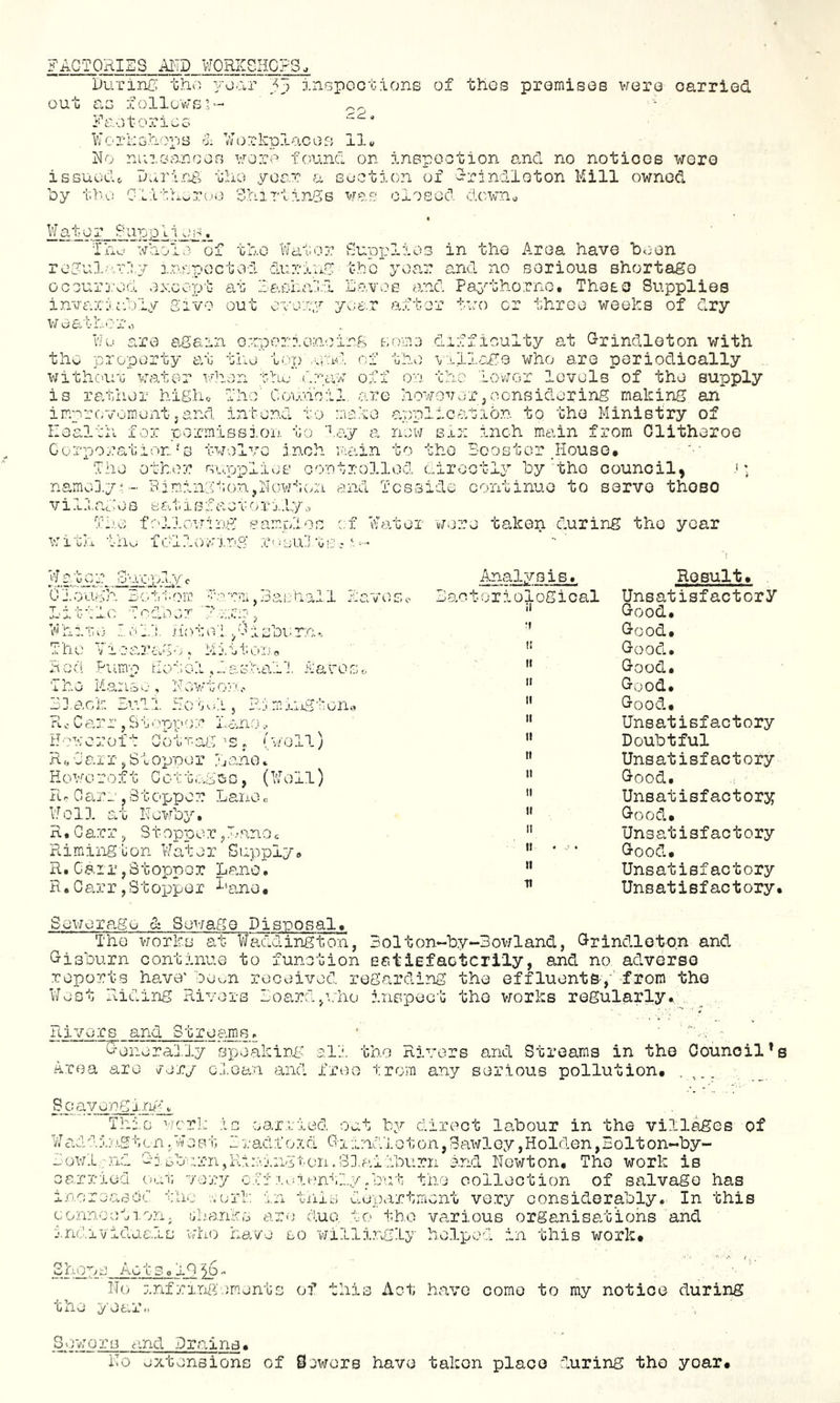 FACTORIES AI-TD WORKSHOPS. liurinc: tho /oar ^^3 InGpoctaons of thos promisee were carried out as follows/- Ft'o tori os l/Vco'EstiOps 1 Workplace.^ 11« Ro ni;ioo.roos woro found on inapootion and no notices were issuGcU D.^ruag tlio year a suction of Orlndleton Mill owned ■’ey tho OlitAwrc.io Shirtings was closed dcwn^ 'Thu'waol3~of the Water Supplies in the Area have been regularly inspoctvid during tlb yeo.r and no serious shortage occurred exeex^t at lashall Eaves and Paythorno. These Supplies invax'j l:') ly VO out yea.r ait or o or three weeks of dry Wu are agai the pro'perty at X'/ithC'U'G water w is rather higho i m.^ r c. V 0 m e nt 5 and Health for oormissj.on B tWOlVG . 0 .'f-i: on . .y j— 6 s erne di j:? J. X 'j 1.1.0 t'':)p fy\ U-i, of u-BaJ t'l 11 -p *;• • J. X \ ■hu . 1. cXV' O .J. j- on th e The' C o‘ie. xio M I o.rc hOtiTOV gJ X int end to ::io Eg') .“N J hh i-j ic 0 O Gorxcoration Th :noh ‘.ay lijw Bx: In to the ffioulty at Grindleton with :Eo who are periodically Lovj-or love Is of the supply 5 considering making an idn to the Ministry of inch main from Olitheroe ■ooster House. other si.,,ppi.ios oontrolled directly by the council, .> namoD.y^-. Rinington,Nowt(/n end Tesside continue to servo thoso V i 11.ag vj G B at i s f a c t r il,y ^ Ti'C followli'ig samrhos with thu fdlloring ruuuJt 1l Clough Boti'Om u C; w.' O < c:i Water were taken during the year 'I Result. •'.•v-'n; rso • h-U'l ~>i:. ■ ' i J- ^ U t. V e Anal:vsie» Baotoriological i/'inrte .na.l notei/oisoi-rn V1 jarii.e'j • hj. j 1/10 o Ear 0 St. The Red Piimp tiotol,daoht 'i r.u Mansu , lv^>w gcG'.'..' ED.ack Bull Hot'.ilj R^miiigton., Ro Carr , Stopicor Lane.. H ■w c:: 0 f t C 01 r. ag  s . (y e 11) RoCair jStopoor ijane» Howeroft Gcttagcc, (Well) R c C ar r,31 opp 0 r Lane c Well at Hewby, R. G arly S t oppe r, lano c Riming'uon Water St;pply» R. CaiidStoppor Lane. R • C ar r, S t opp or ane • Unsatisfactory G-ood. Good. Good. Good. Good. Good. Unsatisfactory Doubtful Unsatisfactory Good. Unsatisfactory Good. Unsatisfactory Good. Unsatisfactory Unsatisfactory Sewerage & Sev/age Disicosal. The'works at Waddington, 3olton~by~3owland, Grindleton and Gisburn continue to function eatiefaotcrily, and no adverse reports have'be^.n received regarding the effluents-,'from the West Riding Rivers Board,/.:ho inspect the vrorks regularly. , .^,. Rivers and Streamsr ' ' ': ^Gn' orally sx^eakirig: ell the Rivers and Streams in the Oounoil* Area are v'ery c-lean and freo from any serious pollution. This v-rerk is ■eaxA.ied out by direct labour in the villages of Waddington,West B i-adf oxcL Gi indloton, Sawley,Holden ,Eolton-by- Bowl-.-nd Gj 6beLrn,Ri^:a^ngtonI3],ai/burn And Newton. The work is oarried c-ui; very c.rfi.^ientBy.but the collection of salvage has incroarsod the v.orh. in tnis de'partmcnt very considerably.. In this connoc:tion; Ghanks are duo, .to the various organisations and individuo.ls who have so willingly helped in this work. chops Acts010 56- No 3.nfringements of this Act have come to my notice during Gne [y eari> , Gvrwors and Drains• No extensions of Sewers have taken place during the year.