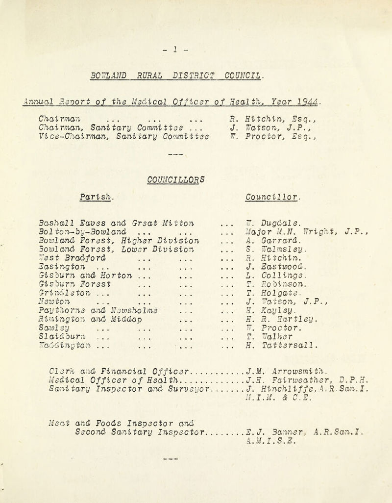 2 ROWLAND RURAL DISTRICT COUNCIL. annual Report of the Medical Officer of Health, Year 1944- Chairman ... ... ... Chairman, Sanitary Committee ... Vice-Chairman, Sanitary Co mm it toe R. Hitchin, Esq., J. Watson, J.P., W. Proctor, Esq., COUNCILLORS Parish. Councillor. Rashal1 Eaves and Great Mi tton W. Dugdale. Bol to7i-by-Rowland ... ... Major M.N. Wright, J.P. Bowl and Forest, Higher Division ... A. Garrard. Rowland Forest, Lower Division ... S. Walmsley. Test Bradford ... ... ... R. Hitchin. Easington ... ... ... ... J. Eastwood. Gisburn and Horton ... ... ... L. Collinge. Gisburn Forest ... ... ... T. Robinson. Grind!eton ... ... ... T. Hoi gate. Newton ... ... ... ... J. Watson, J.P., Paythorne and Neiosholme H. Kay ley. Riming ton and Middop ... H. R. Hartley. Sawley ... ... ... W. Proctor. Slaidburn ... ... ... ... T. Walker Wadding ion ... ... ... H. Tatiersal1. Clerk and Financial Officer.... J.M. Arrowsmith. Medical Officer of Health Sanitary Inspector and Surveyor J. Hinchliffe,A.R.San.I M.I.M. & C.E. Meant and Foods Inspector and Second Sanitary Inspector E.J. Banner, A.R.San.I. A.M.I.S.E.