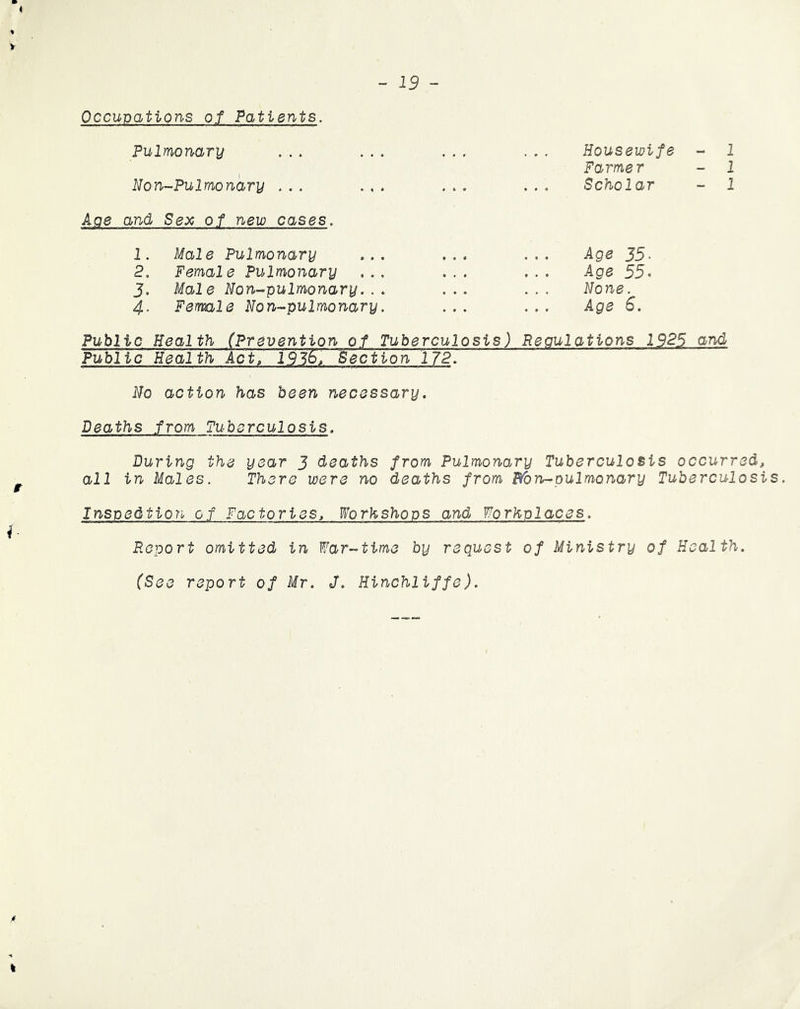 4 V - 19 - r f- Occupations of Patients. Pulmonary . .. ... ... Housewife - 1 Farmer - 1 Ron-Pulmonary ... ... ... Scholar - 1 Age and Sex of new cases. 1. Male Pulmonary ... ... Age 35- 2. Female Pulmonary ... ... ... Age 55. J. Male Ron-pulmonary. . . ... Rone. 4- Female Ron-pulmonary. Age 6. Public Health (Prevention of Tuberculosis) Regulations 1925 and Public Health Act, 1935, Section 172. Ro action has been necessary. Deaths from Tuberculosis. During the year 3 deaths from Pulmonary Tuberculosis occurred, all in Males. There were no deaths from Pfon-pulmonary Tuberculosis. Inspection of Factories, Workshops and Workplaces. Report omitted in War-time by request of Ministry of Health. (See report of Mr. J. Rinchliffe). t I