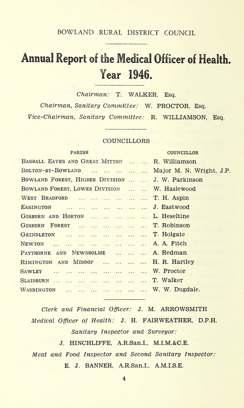 Annual Report of tlie Medical Officer of Health. Year 1946. Chairman: T. WALKER, Esq. Chairman, Sanitary Committee: W. PROCTOR, Esq. Vice-Chairman, Sanitary Committee: R. WILLIAMSON, COUNCILLORS PARISH COUNCILLOR Bashall Eaves and Great Mitton ... . R. Williamson Bolton-by-Bowland . Major M. N. Wrigl Bowland Forest, Higher Division ... . J. W. Parkinson Bowland Forest, Lower Division ... . W. Haslewood West Bradford . T. H. Aspin Easington . J. Eastwood Gisburn and Horton L. Heseltine Gisburn Forest T. Robinson Grindleton T. Holgate Newton A. A. Fitch Paythorne and Newsholme A. Redman Rimington and Middop . H. R. Hartley Sawley W. Proctor Slaidburn . T. Walker Waddington . W. W. Dugdale. Clerk and Financial Officer: J. M. ARROWSMITH Medical Officer of Health: J. H. FAIRWEATHER, D.P.H. Sanitary Inspector and Surveyor: J. HINCHLIFFE, A.R.San.L, M.I.M.&C.E. Meat and Food Inspector and Second Sanitary Inspector: E. J. BANNER, A.R.San.I., A.M.I.S.E.