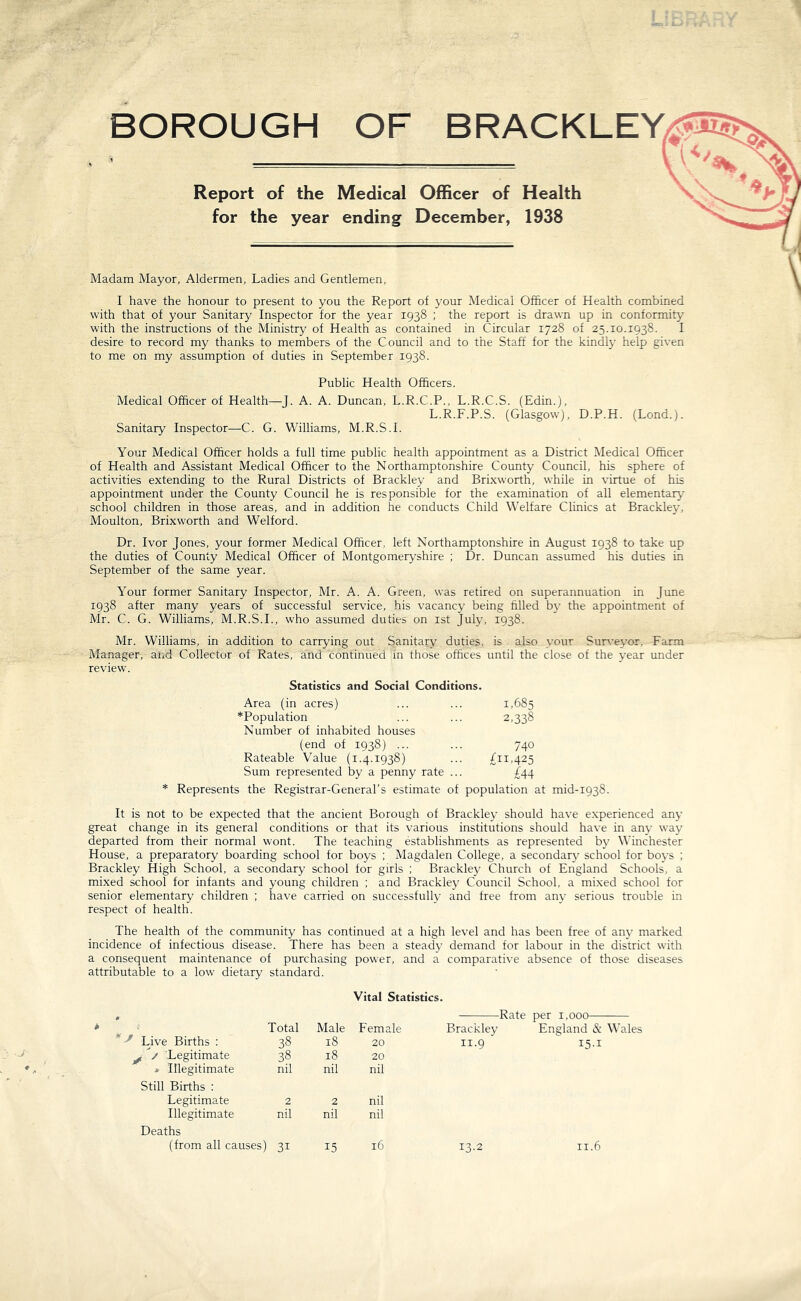 BOROUGH OF BRACKLEY Report of the Medical Officer of Health for the year ending December, 1938 Madam Mayor, Aldermen, Ladies and Gentlemen, I have the honour to present to you the Report of your Medical Officer of Health combined with that of your Sanitary Inspector for the year 1938 ; the report is drawn up in conformity with the instructions of the Ministry of Health as contained in Circular 1728 of 25.10.1938. I desire to record my thanks to members of the Council and to the Staff for the kindly help given to me on my assumption of duties in September 1938. Public Health Officers. Medical Officer of Health—J. A. A. Duncan, L.R.C.P., L.R.C.S. (Edin.), L.R.F.P.S. (Glasgow), D.P.H. (Lond.). Sanitary Inspector—C. G. Williams, M.R.S.I. Your Medical Officer holds a full time public health appointment as a District Medical Officer of Health and Assistant Medical Officer to the Northamptonshire County Council, his sphere of activities extending to the Rural Districts of Brackley and Brixworth, while in virtue of his appointment under the County Council he is responsible for the examination of all elementary school children in those areas, and in addition he conducts Child Welfare Clinics at Brackley, Moulton, Brixworth and Welford. Dr. Ivor Jones, your former Medical Officer, left Northamptonshire in August 1938 to take up the duties of County Medical Officer of Montgomeryshire ; Dr. Duncan assumed his duties in September of the same year. Your former Sanitary Inspector, Mr. A. A. Green, was retired on superannuation in June 1938 after many years of successful service, his vacancy being tilled by the appointment of Mr. C. G. Williams, M.R.S.I., who assumed duties on 1st July, 1938. Mr. Williams, in addition to carrying out Sanitary duties, is also your Surveyor, Farm Manager, and Collector of Rates, and continued in those offices until the close of the year under review. Statistics and Social Conditions. Area (in acres) 1,685 Population 2.338 Number of inhabited houses (end of 1938) ... 740 Rateable Value (1.4.1938) £11425 Sum represented by a penny rate ... £44 * Represents the Registrar-General’s estimate of population at mid-1938. It is not to be expected that the ancient Borough of Brackley should have experienced any great change in its general conditions or that its various institutions should have in any way departed from their normal wont. The teaching establishments as represented by Winchester House, a preparatory boarding school for boys ; Magdalen College, a secondary school for boys ; Brackley High School, a secondary school for girls ; Brackley Church of England Schools, a mixed school for infants and young children ; and Brackley Council School, a mixed school for senior elementary children ; have carried on successfully and free from any serious trouble in respect of health. The health of the community has continued at a high level and has been free of any marked incidence of infectious disease. There has been a steady demand for labour in the district with a consequent maintenance of purchasing power, and a comparative absence of those diseases attributable to a low dietary standard. Vital Statistics. Total Male Female Live Births : 38 18 20 0 / Legitimate 38 18 20 * Illegitimate nil nil nil Still Births : Legitimate 2 2 nil Illegitimate nil nil nil Deaths (from all causes) 3i 15 16 Rate Brackley 11.9 per 1,000 England & Wales i5-i 11.6 13-2