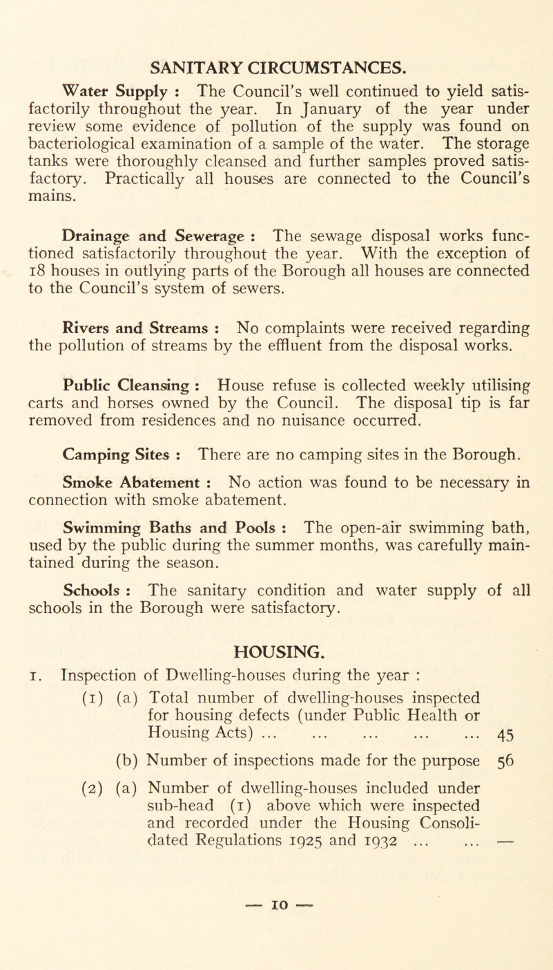 SANITARY CIRCUMSTANCES. Water Supply : The Councirs well continued to yield satis- factorily throughout the year. In January of the year under review some evidence of pollution of the supply was found on bacteriological examination of a sample of the water. The storage tanks were thoroughly cleansed and further samples proved satis- factory. Practically all houses are connected to the Council's mains. Drainage and Sewerage : The sewage disposal works func- tioned satisfactorily throughout the year. With the exception of i8 houses in outlying parts of the Borough all houses are connected to the Council's system of sewers. Rivers and Streams : No complaints were received regarding the pollution of streams by the effluent from the disposal works. Public Cleansing : House refuse is collected weekly utilising carts and horses owned by the Council. The disposal tip is far removed from residences and no nuisance occurred. Camping Sites : There are no camping sites in the Borough. Smoke Abatement : No action was found to be necessary in connection with smoke abatement. Swimming Baths and Pools : The open-air swimming bath, used by the public during the summer months, was carefully main- tained during the season. Schools : The sanitary condition and water supply of all schools in the Borough were satisfactory. HOUSING. I. Inspection of Dwelling-houses during the year : (1) (a) Total number of dwelling-houses inspected for housing defects (under Public Health or Housing Acts) 45 (b) Number of inspections made for the purpose 56 (2) (a) Number of dwelling-houses included under sub-head (i) above which were inspected and recorded under the Housing Consoli- dated Regulations 1925 and 1932 ... ... —