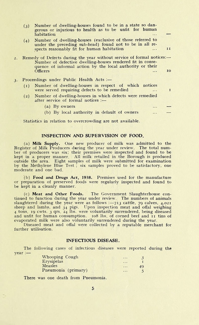 (3) Number of dwelling-houses found to be in a state so dan- gerous or injurious to health as to be unfit for human habitation • • ■ — (4) Number of dwelling-houses (exclusive of those referred to under the preceding sub-head) found not to be in all re- spects reasonably fit for human habitation ... n 2. Remedy of Defects during the year without service of formal notices:— Number of defective dwelling-houses rendered fit in conse- quence of informal action by the local authority or their Ofificers ... 10 3. Proceedings under Public Health Acts :— (1) Number of dwelling-houses in respect of which notices were served requiring defects to be remedied ... i (2) Number of dwelling-houses in which defects were remedied after service of formal notices :— (a) By owners ... — (b) By local authority in default of owners ... — Statistics in relation to overcrowding are not available. INSPECTION AND SUPERVISION OF FOOD. (a) Milk Supply. One new producer of milk was admitted to the Register of Milk Producers during the year under review. The total num- ber of producers was six; their premises were inspected and found to be kept in a proper manner. All milk retailed in the Borough is produced outside the area. Eight samples of milk were submitted for examination by the Methylene Blue Test ; six samples proved to be satisfactory, one moderate and one bad. (b) Food and Drugs Act, 1938. Premises used for the manufacture or preparation of preserved foods were regularly inspected and found to be kept in a cleanly manner. (c) Meat and Other Foods. The Government Slaughterhouse con- tinued to function during the year under review. The numbers of animals slaughtered during the year were as follows :—713 cattle, 79 calves, 4,021 sheep and lambs, and 34 pigs. Upon inspection meat and offal weighing 4 tons, ig cwts. 3 qrs. 24 lbs. were voluntarily surrendered, being diseased and unfit for human consumption. 108 lbs. of corned beef and n tins of evaporated milk were also voluntarily surrendered during the year. Diseased meat and offal were collected by a reputable merchant for further utilisation. INFECTIOUS DISEASE. The following cases of infectious diseases were reported during the Whooping Cough 3 Erysipelas I Measles 49 Pneumonia (primary) 5 There was one death from Pneumonia.