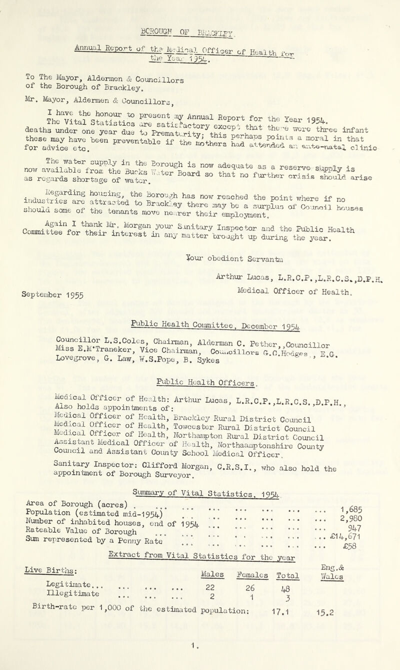 BOROUGH OF BRIGHT py Annual Report of th? Medical Offio the Year im. &r of Health i'o-r To The Mayor, Aldermen & Councillors of the Borough of Brackley. Mr. Mayor, Aldermen & Councillors, T^VltS0^^ prG3Cnt -W Annual Report for the Year 1954 inc vital Statistics are satisfactorv p-vnn>r>j- +v,o+ -t-u deaths under one year due to Premat ritv thf ^ th*Te Were three infant these may have been preventable if the S P°int3 a moral in that for advice etc. pr*ventable * the mothers had attended an ante-natal clinic now avSlIhTf^fthe1^: ZtTZtt **** i# as regards shortage of water. a° fUrther crisis should ^ise industries^ attracted^^ 5°r°^J'h has now reached the point where if no iduoiries are attracted to Brackley there may be a surplus of Counml houses a some 01 the tenants move nearer their employment. Committee^orti^e^r^rit^0rS+n• *^0Ur Smitary Inspector and the Public Health r their interest in any matter brought up during the year. Your obedient Servantm September 1955 Arthur Lucas, L.R.C.P.,L.R.C.S%,D.P.H. Medical Officer of Health. Public Health Committee T December 1954. Councillor L.S.Coles, Chairman, Alderman C. Pether,Councillor Miss E.M Traneker, Vice Chairman, Councillors G C Hodp-p* E G Lovegrove, G. Law, W.S.Pope, B. Sykes * ’ Public Health Officers, Medrcal Officer of Health: Arthur Lucas, L.R.C.P.,L.R.C.S.,D.P.H. Also holds appointments of: !?3iCa^ 0fSicer of Health» Brackley Rural District Council Medical Officer of Health, Towcester Rural District Council Medical Officer of Health, Northampton Rural District Council Assistant, Medical Officer of Health, Northamptonshire County Council and Assistant County School Medical Officer Sanitary Inspector: Clifford Morgan, C.R.S.I. appointment of Borough Surveyor. who also hold the Summary of Vital Statistics. 1951. Area of Borough (acres) Population (estimated mid-1954) Number of inhabited houses, end of 1954 Rateable Value of Borough Sum represented by a Penny Rate ° ‘[ ‘”‘ Extract from Vital Statistics for the year Live Births: Legitimate... Illegitimate Males Romaics 22 26 2 1 Birth-rate per 1,000 of the estimated population; Total 48 3 17.1 ... 1,685 2,980 947 ... £14,671 £58 Eng.& Vifalcs 15.2