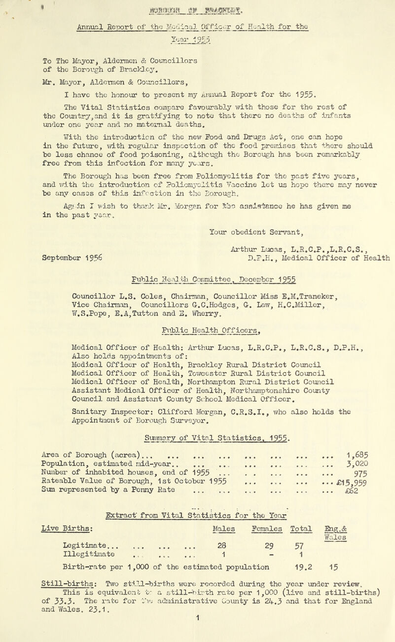 Annual Report of the Medina! 0fS.^2?S of Health for the ItiaT 195-0 To The Mayor, Aldermen & Councillors of the Borou.gh of BrackJ.oy. Mr, Mayor, Aldermen & Councillors, I have the honour to present my Annual Report for the 1955. The Vital Statistics compare favourably with those for the rest of the Country,and it is gratl-fying to note that there no deaths of infants under one year and no maternal deaths. With the introduction of the new Rood and Drugs Act, one can hope in the future, with regular inspection of the food premises that there should be less chance of food poisoning, although the Borough has been remarkably free from this infection for many years. The Borough has been free from Poliomyelitis for the past five years, and vrith the introduction of Poliomyelitis Vaccine let us hope there may never be any cases of this in^^cction in the Borough, Ag;‘d-n I wish to thank Mr. Morgan for the assistance he has given me in the past ysc,r. Your obedient Servant, Arthur Lucas, L.R.C.P,,L.R.C,S., September 1956 , Medical Officer of Health Public Health Committee. December 1955 Councillor L.S, Coles, Chairman, Councillor Miss E.M.Traneker, Vice Chairman, Councillors G.C,Hodges, G. Law, H.C.Miller, W.S.Pope, E, A, Tut ton and S. 'S/herry. PThlic Health Officers. Medical Officer of Health: Arthur Lucas, L.R.C.P., L.R.C.S., D.P.H., Also holds appointments of: Medical Officer of Health, Brackley Rural District Council Medical Officer of Health, Tovircester Rural District Council Medical Officer of Health, Northampton Rural District Council Assistant Medical Officer of Health, Northamptonshire County Council and Assistant County School Medical Officer. Sanitary Inspector: Clifford Morgan, G.R.S.I., who also holds the Appointinent of Borough Surveyor. Simraary of Vital Statistics. 1955. Area of Borough (acrea). Population, estimated mid-year.. ... Number of inhabited houses, end of 1955 .. Rateable Value of Borough, 1st October 1955 Sum represented by a Penny Rate Extract' from Vital Statistics for the Year Live Births: Males Females Total Eng,& Wales Legitimate... 28 29 57 Illegitiiiiate 1 - 1 Birth-rate per 1,000 of the estimated population 19.2 15 Still-births: Two still-births were recorded during the year under review. This is equivalent t: a still-bkrth rate per 1,000 (live and still-births) of 33.3. The I'ate for the administrative County is 2A.3 cind that for England and Wales. 23,1. 3,020 975 £15,959 £62 1