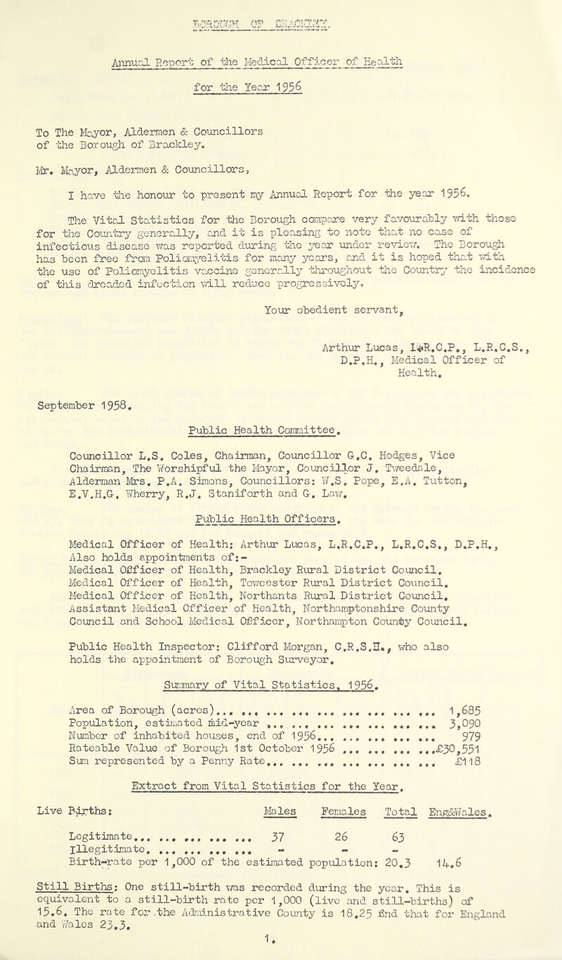 T>C;’lDirG>“ OF Annual Report of thg^ Medical Officer of Health for the Yeojr 195^ To The Mayor, Aldermen & Councillors of the Borough of Brackley. lie, Mo.yor, Aldermen & Councillors, I have tiie honour to present my Annual Report for the year 1956. The Vital Statistics for the Borough campoxe very favourably vrith those for the Country generally, an.d it is pleasing to note thcl no case of infectious disease was reported during the yeor under re-'/iew. The Borou^ has been free from Poliomyelitis for many years, arxd it is hoped that with the use of Poliomyelitis vaccine generally throughout tlie Country the incidence of this dreaded infection mil reduce progressively. Your obedient servant. Arthur Lucas, lij»R.C,P,, L.R.C.S., D.P.H., Medical Officer of Health, September 1958, Public Health Committee, Councillor L,S, Coles, Chairman, Councillor G,C, Hodges, Vice Chairman, The Yforshipfil the Mayor, Councillor J, Tweedale, Alderman Mrs, P,A, Simons, Councillors: ¥,S. Pope, E.A. Tutton, E.V.H.G, Wherry, R.J, Staniforth and G, Lav/, Public Health Officers, Medical Officer of Health; Arthur Lucas, L*R,C,P,, L,R,C,S,, D,P,H,, Also holds appointments of;- Medical Officer of Health, Brackley Rural District Council, Medical Officer of Health, Towcester Rural District Council, Medical Officer of Health, Northants Rural District Council, Assistant Medical Officer of Health, Northamptonshire County Council and School Medical Officer, Northampton County Council, Public Health Inspector; Clifford Morgan, C.R.S.H*, who also holds the appointment of Borough Surveyor, Summary of Vital Statistics. 1956. Area of Borough (acres).., ,,, ,,, ,,, ,,, 1,685 Population, estiiaated mid-year ,., ,., ,,3,090 Number of inhabited houses, end of 1956... ,,, ,,, 979 Rateable Value.of Borough 1st October 1956 ,., ,,, ,.,£30,551 Sum represented by a Penny Rate,,, ,,, ,,, £118 Extract from Vital Statistics for the Year. Live P^ths; Males Females Total Eng&Y/ales Legitimate,,, , 26 63 Illegitimate, , - - Birth-rate per 1,000 of the estimated population; 20.3 14.6 Still Births; One still-birth vmis recorded during the year. This is equivalent to a still-birth rate per 1,000 (live and still-births) of 15.6. The rate for .-the Administrative County is 18,25 find that for England and 'Vales 23,3.