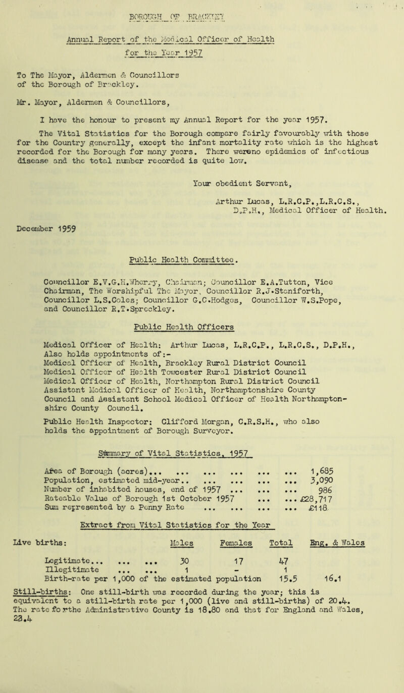 Anntial Beport of the j'/io(^ioal Officer of Health for ths Yoar 1937 To The Mayor, Aldermen & Councillors of the Borough of Brackley. Ivir. Mayor, Aldermen & Councillors, I hove the honour to present ray Annual Report for the year 1957. The Vital Statistics for the Borough compare fairly favourably with those for the Country generally, except the infant mortality rate which is the highest recorded for the Borough for many years. There v/ereno epidemics of infectious disease and the total number recorded is quite low. Your obedient Servant, Arthur Lucas, L.R.C.P.,L,R,C,S,, DoP.H,, Medical Officer of Health, December 1959 Public Health Committee. Councillor E.V.G.H.Wherry, Chairman; Councillor E.A.Tutton, Vice Chairman, The Worshipful The Mayor, Councillor R,J.Staniforth, Councillor L.S,Coles; Councillor G.C.Hodges, Councillor W.S.Pope, and Councillor R.T.Spreckley. Public Health Officers Medical Officer of Health; Arthur Lucas, L,R,C,P,, L.R.C.S., D.P.H,, Also holds appointments of;- Medical Officer of Health, Brackley Rural District Council Medical Officer of Health Towcester Rural District Council Medical Officer of Health, Northampton Rural District Council Assistant Medical Officer of Health, Northamptonshire County Council and Assistant School Medicol Officer of Health Northampton- shire County Council, Public Health Inspector: Clifford Morgan, C.R.S.H,, who also holds the appointment of Borough Surveyor, Stgnmary of Vital Statistics, 1957 AJrea of Borough (acres) Population, estimated mid-year Number of inhabited houses, end of 1957 ... Rateable Value of Borough 1st October 1957 Sum refresented by a Penny Rate Extract from Vital Statistics for the Live births: Males Females Total Bng, & Wales Legitimate 30 17 47 Illegitimate 1 - 1 Birth-rate per 1,000 of the estimated population 15.5 l6,1 Still-births; One still-birth v/as recorded during the year; this is equivalent to a still-birth rate per 1,000 (live and still-births) of 20,4. The rate fo rthe Administrative County is l8,80 and that for England and Wales, 23,4 1,685 3,090 .. ... 986 .. ... £28,717 •. •, • £11 &• 3ar