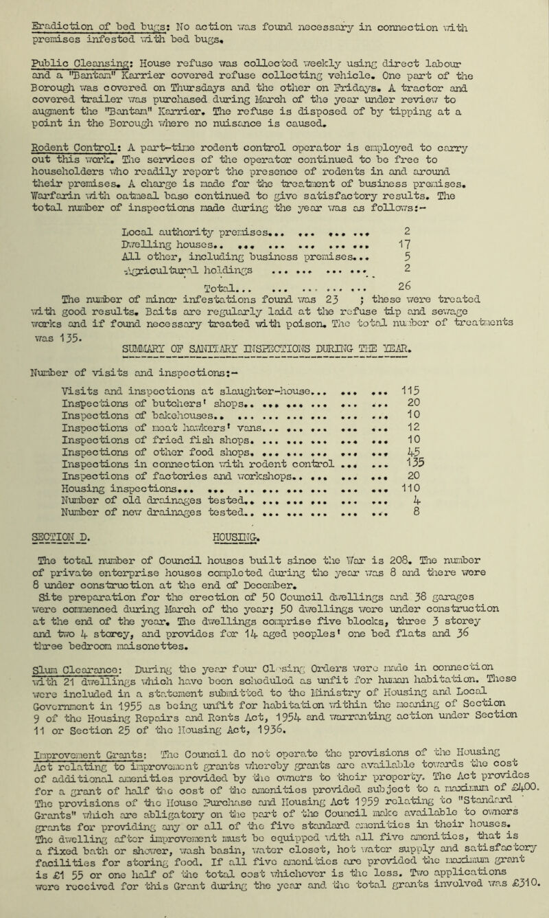 premises infested vd.th bed bugs* Public Cleansing: House refuse was coUec-tied weekly using direct labour and a Bantam*' Karrier covered refuse collecting vehicle. One part of the Borougji was covered on Thixrsdays and the other on Fridays. A tractor and covered trailer v/as purchased during March of the year xander reviev; to augment the 'Bantam Karrier. The refuse is disposed of by tipping at a point in the Borough where no nimsance is caused. Rodent Control: A part-time rodent control operator is employed to carry out this v/ork. The services of the operator continued to be free to householders A7ho readily report the presence of rodents in and around their premises. A charge is made for the treati'nent of b\isiness preiuises. Warfarin v/ith oatimeal base continued to give satisfactory results. The total nvu'.iber of inspections made during the year was as followsj- Local authority premises... ... ...... 2 dwelling houses*. •«« 1? All other, including business premises... 5 holdings 2 Total... ... ..o ... .♦. 26 The nuiiiber of minor infestations found was 23 J these v/ere treated •with good results. Baits are regularly laid at the refuse tip and sev/age works and if fo'und necessary tareated with poison. The total nuiber of trea-traents Y/as 135. SmtIART OP SAtTITARY HISPSCT^NS DmiITG_THE TEAR. Nvimber of visits and inspections Visits and inspections at slaughter-house,.. ... Inspections of butchers* shops,. ... ,,, ... ... *. Inspections of bakehouses,, Inspections of meat hav/kers* vans... Inspections of fried fish shops ,* Inspections of other food shops, *• Inspections in connection v.dth rodent control Inspections of factories and v/orkshops.. Housing inspections.,, .,, ... .* Number of old drainages tested,, Number of nevr drainages tested SECTION_D. HOUSDIG. The total number of Go\mcil houses built since the War is 208, The number of private enterprise houses completed during the year v/as 8 and tiiere v/ore 8 under construction at the end of December, Site prepara'tion for tlie erection of 30 Council di/ellings and 38 garages were commenced during March of the yearj 30 dwellings v/ere under construction at the end of the year, Tlie dwellings comprise five blocks, three 3 storey and two A storey, and pro'vides for 1A aged peoples* one bed flats and 3^ tliree bedroom maisonettes. Slum Clearance: During tlie year four Gl-^sing Orders were made in connection v/ith 21 dwellings v/hich have been scheduled as unfit for hu.ian habitation. These were included in a sta.tement subraittod to the Ministry of Housing and Local ^ Government in 1.933 as being unfit for habitation va-thin the moaning of Section 9 of the Housing Repairs and Rents Act, 195A sj^d warranting action ■under Section 11 or Section 23 of tho Housing Act, 193^. Improvement Grants: Tlie Council do not operate the previsions of the Housing Act relating to iioprovement grants v/hereby grants arc available towards tho cost of additional ajmenities provided by die ov/nors to their propor'cy. The Act provides for a grant of half die cost of the aunonitios pro-vided subject to a maad-Lium of DAOO. The provisions of die House Purchase and Housing Act 1939 relating 'co Standard Grants vdiich are abligatory on die part of the Council moke available to owners grants for pro-viding any or all of die five standard amenities in their houses. The d’welling after improvement must be equipped v/ith all five oi'aenitics, diat is a fixed bath or shower, wash basin, water closet, hot v/ater supply and satisfacuory facilities for storing food. If all five ameni-cics are provided die maximuin grant is £1 53 or one half of dae total cost whichever is die less, Ti-^o applications were received for this Grant during the year and die total grants involved mp.s £310* 113 20 10 12 10 h-3 135 20 110 k- 8