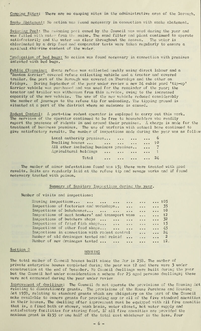 Campin^_Sites: There are no caiaping sites in the adrainistrative area of the Borough. Smoke /ibate^ent: No action vieiG iound necessary in connection v/ith smoke abatement. Swimming Pool: The r.wjr;iming poci oivned the Council v/as used during the year and was fiJled v;ith v;ate:' from i.he mains. The sand filter and plant continued to operate satisfactorily and t!ie v/ater tvois clear throughout the season, Tfie 'water is chlorinated by a drip feed and comparator tests v/ere taken regularly to ensure a residual .chlorine content of the water. cation of bed bugs; No action was found necessary in connection v/ith premises infested v/ith bed bugs. Public Cleansing; lifUis:;: refuse was collected weekly using direct labour and a Bantam Kariier covered refuse collecting vehicle and a tractor and covered trailer. Grte part of the Borough was covered cn Thursdays and the other on Fridays. During Septeiiiber of the year under review a new 24 cubic yard * tip-up’ Karrier vehicle v/as purchased and v/as used for the remainder of the year; the tractor and trailer was withdrav/n from this st-rvice, ov/ing to the increased capacity of the new vehicle. Tue use of the new vehicle reduced considerably the number of journeys to the lefuse tip for unloading, Th.e tipping ground is situated at a part of the district where no nuisance is caused. Rodent Control: A part-time rodent opercitor is employed tc carry out this v/ork. The services of the operator continued to be free to householders who readily report the presence of rodents in and around their premises. A charge is made for the treatment of business premises. The use of v/arfarin v/ich oatmeal base continued to give satisfactory results. The number of inspections made during the year was as foliowi Local authority premises.. 6 Dwelling houses ... ... ... ... ... 10 All other including business premises 7 Agricultural holdings 1 Total 24 The nur.ibcr of minor infestations found was 15; these were treated v/ith good results. Baits are regularly laid at the refuse tip and sewage works and if found necessary treated with poison. Summary of Sanitary Inspections during the year. Number of visits and inspections: Mousing inspections ... Inspections of factories and workshops.. ... Inspections of bakehouses... ... ... ... Inspections of meat hawkers’ and transport vans Inspections of butchers shops ... ... ... Inspections of fried fisli shops... ... ... Inspections of other food shops... Inspections in connection with rodent control Nur-iber of old drainages tested and reiaid ... Number of nev/ drainages tested 105 35 10 12 32 15 45 24 2 12. Seetion D nous IMG The total nu.r±>er of Council houses built since the ..'ar is 253. The number of private enterprise houses completed during the year was 12 and there v/ere 3 under construction at the end of Oecer.iber. No Council dwellings v/erc built during the year but the Council had under consideration a scheme for 25 aged persons dv/ellings; these Were not commenced during the year under reviev/ ImprcVei-ient of dweHings: The Council do not operate the provisions of the ficusing Act relating to discretioncry grants. The provisions of the House Purchase and Housing Act 1959, relating to standard grants which are obligatory on the part of the Council make available to owners grants for providing any or all of the five standard amenities in their houses. The dwelling after improvement must be equipped v/ith all five amenitie that is, a fixed bath or shower, v/ash basin, water closet, hot water supply and satisfactory facilities for storing food. If all five amenities are provided the maximum grant is £l 55 or one half of the total cost whichever is the less. Four