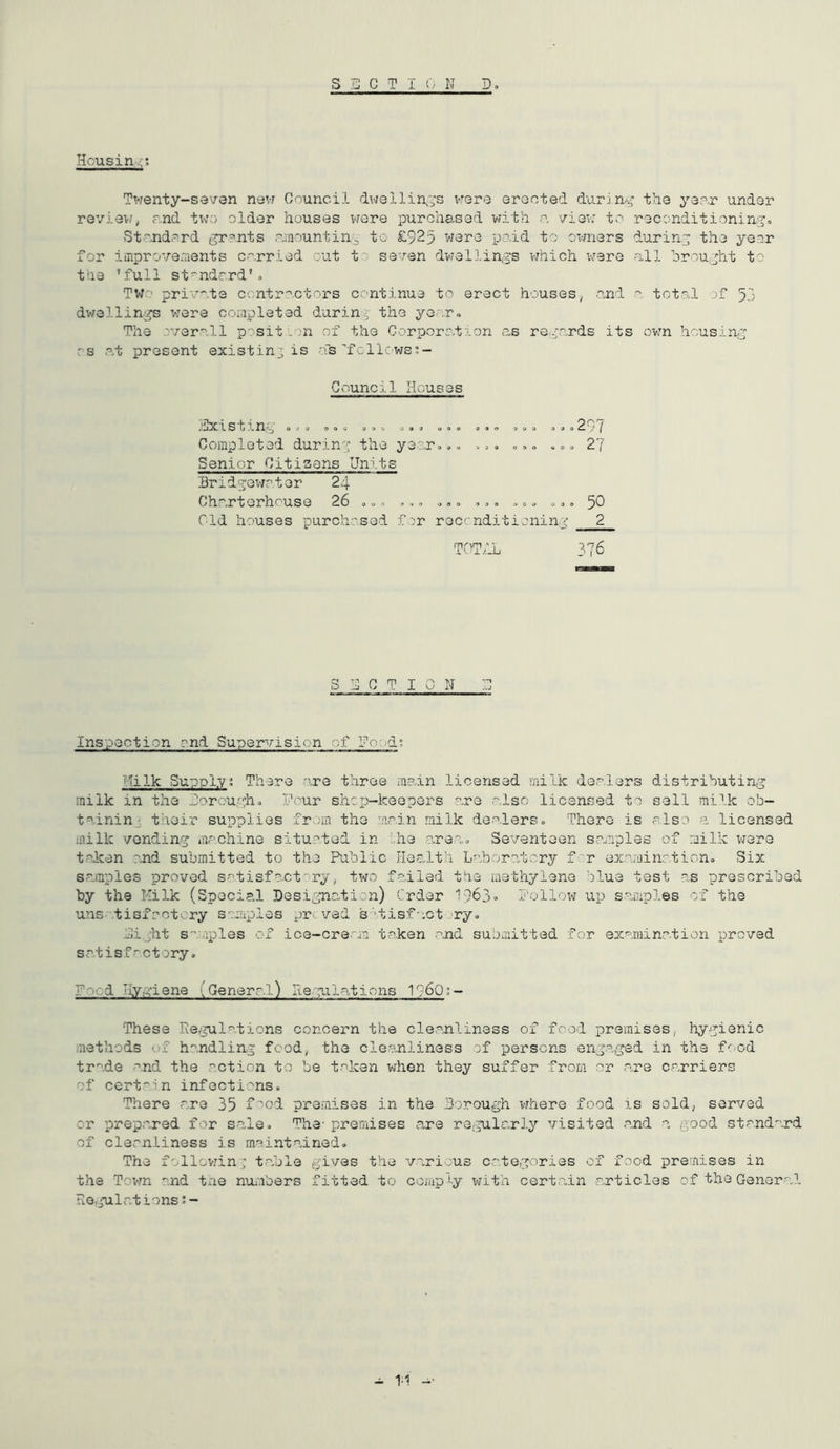 Housin-.; Twenty-seven nevj Council dwollin:;s were erected durJ.n^.; the year under reviev;, and t^v'o older houses were purchased with a view to reconditionin-^.. St-^ndord ipp?,nts o,mountin^ to £925 were po.id to owners during the yeor for improvements carried out to se'ren dwellings vdiich v^ere all hroujht to t‘ie 'full st^ndrrd'» Two priv^de ci.ntroctors continue to erect houses, o,nd o. toto-1 of 5o dwellings were completed during the yeoro The overall posit.'-';n of the Corporo.tion as regards its ov:n housing os .at present existing is -.fs’fcllc ws;- Gouncil Houses idxisting «. <, «»o »»o.. .,» »,« ,,» »o o 207 Completed during the y3o.r=...> ..o .00 27 Senior Citiaens Units Bridgev/ater 24 Charterhouse 26 00 ., , .» 0.0 ,.» .00 o,, 50 Old houses pLirch-'sed f'.’r rec' nditioning 2 TOT.1L 376 SECTION Inspection and Supervision of Hoodi Milk Supply; There are three main licensed milk dealers distributing milk in the Jorougho Pour shop-keepers are also licensed to sell milk ob- tainin' their supplies from the main milk dealers. There is also a licensed milk vending machine situ:ted in Hie tire.a. Seventeen samples of milk were taJken :'.nd submitted to the Public Health L-'horatory f r examination. Six sa:mples proved sa.tisfo.ct^'ry, two fouled the methylene blue test as prescribed by the Milk (Special Designation) Crder 1963- Follow up samjples of the uns tisfoctcry saiuplos pr. ved s ’tisf'‘Ctory, Fight s''mples of ice-cream taken and submitted for examination proved Scatisfactory, Food ilYA’iene (General) He.piila,tions 17'6Q^- These Re.gul.ations concern the cleanliness of food premises, hygienic methods of handling food, the cle'inliness of persons engaged in the fc^od trade and the action to be taken when they suffer from or are carriers of cert'-in infections. There are 35 fool premises in the Borough where food is sold, served or prepared for s-aie. The- premises are r3;5ularly visited and a good standard of cleanliness is maintained. The follov.’in ; ta,blo gives the various categories of food premises in the Town and tne numbers fitted to comp'-y with certain articles of the General Rergulr.tions;-