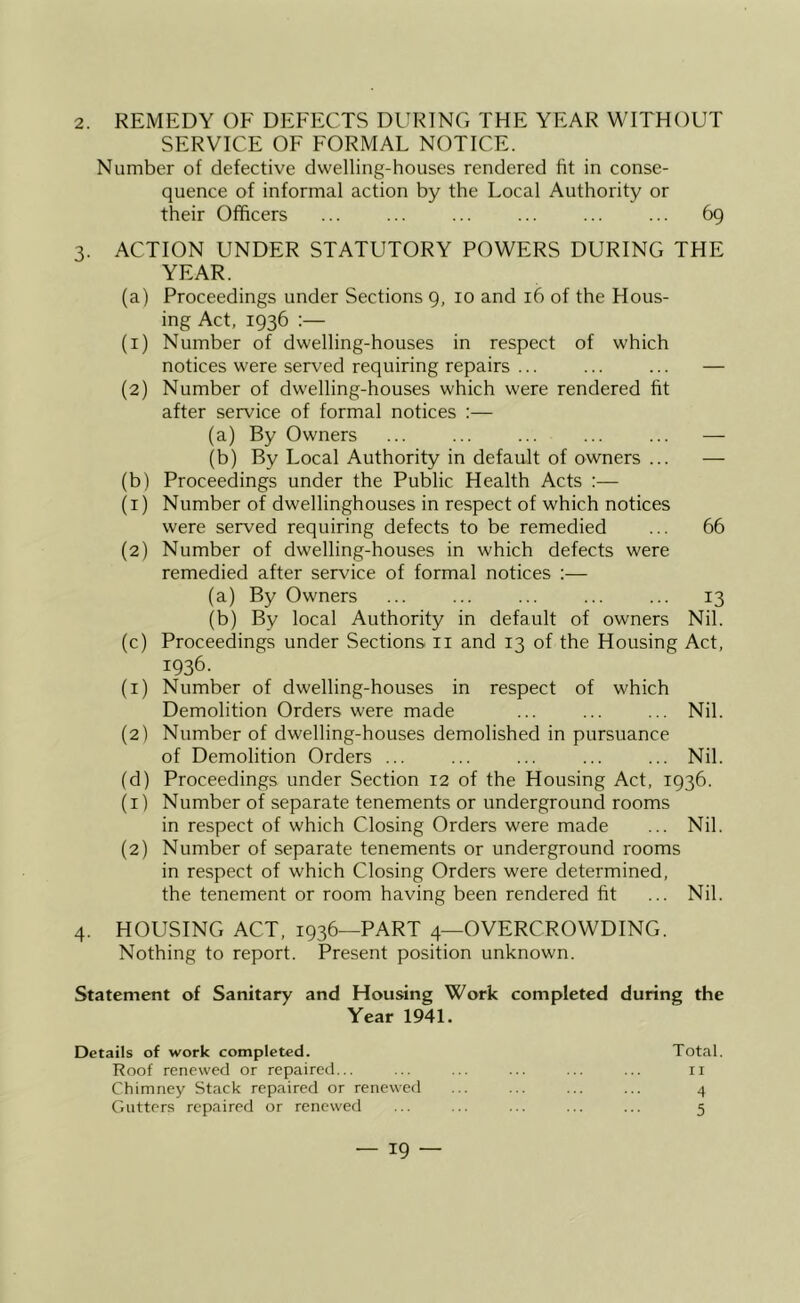 2. REMEDY OF DEFECTS DURING THE YEAR WITHOUT SERVICE OF FORMAL NOTICE. Number of defective dwelling-houses rendered fit in conse- quence of informal action by the Local Authority or their Officers ... ... ... ... 69 3. ACTION UNDER STATUTORY POWERS DURING THE YEAR. (a) Proceedings under Sections 9, 10 and 16 of the Hous- ing Act, 1936 (1) Number of dwelling-houses in respect of which notices were served requiring repairs ... ... ... — (2) Number of dwelling-houses which were rendered fit after service of formal notices :— (a) By Owners ... ... ... ... ... — (b) By Local Authority in default of owners ... — (b) Proceedings under the Public Health Acts :— (1) Number of dwellinghouses in respect of which notices were served requiring defects to be remedied ... 66 (2) Number of dwelling-houses in which defects were remedied after service of formal notices :— (a) By Owners ... ... ... ... ... 13 (b) By local Authority in default of owners Nil. (c) Proceedings under Sections ii and 13 of the Housing Act, 1936. (1) Number of dwelling-houses in respect of which Demolition Orders were made ... ... ... Nil. (2) Number of dwelling-houses demolished in pursuance of Demolition Orders ... ... ... ... ... Nil. (d) Proceedings under Section 12 of the Housing Act, 1936. (1) Number of separate tenements or undergrouncl rooms in respect of which Closing Orders were made ... Nil. (2) Number of separate tenements or underground rooms in respect of which Closing Orders were determined, the tenement or room having been rendered fit ... Nil. 4. HOUSING ACT, 1936—PART 4—OVERCROWDING. Nothing to report. Present position unknown. Statement of Sanitary and Housing Work completed during the Year 1941. Details of work completed. Total. Roof renewed or repaired... ... ... ... ... ... ii Chimney Stack repaired or renewed ... ... ... ... 4 Gutters repaired or renewed ... ... ... ... ... 5