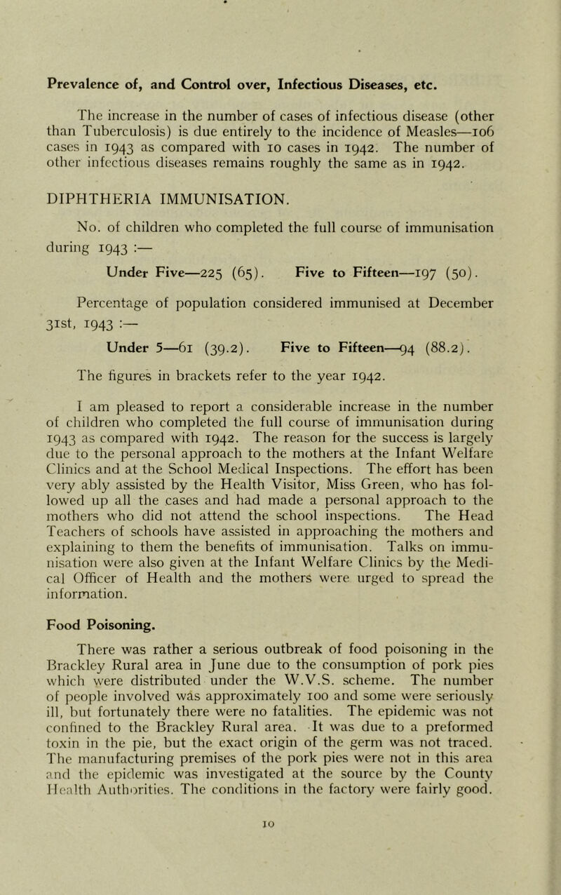 Prevalence of, and Control over, Infectious Diseases, etc. The increase in the number of cases of infectious disease (other than Tuberculosis) is due entirely to the incidence of Measles—106 cases in 1943 as compared with 10 cases in 1942. The number of other infectious diseases remains roughly the same as in 1942. DIPHTHERIA IMMUNISATION. No. of children who completed the full course of immunisation during 1943 Under Five—225 (65). Five to Fifteen— 197 (50). Percentage of population considered immunised at December 31st, 1943 :— Under 5—61 (39.2). Five to Fifteen—94 (88.2). The figures in brackets refer to the year 1942. I am pleased to report a considerable increase in the number of children who completed the full course of immunisation during 1943 as compared with 1942. The reason for the success is largely due to the personal approach to the mothers at the Infant Welfare Clinics and at the School Medical Inspections. The effort has been very ably assisted by the Health Visitor, Miss Green, who has fol- lowed up all the cases and had made a personal approach to the mothers who did not attend the school inspections. The Head Teachers of schools have assisted in approaching the mothers and explaining to them the benefits of immunisation. Talks on immu- nisation were also given at the Infant Welfare Clinics by the Medi- cal Officer of Health and the mothers were urged to spread the information. Food Poisoning. There was rather a serious outbreak of food poisoning in the Brackley Rural area in June due to the consumption of pork pies which were distributed under the W.V.S. scheme. The number of people involved was approximately 100 and some were seriously ill, but fortunately there were no fatalities. The epidemic was not confined to the Brackley Rural area. It was due to a preformed toxin in the pie, but the exact origin of the germ was not traced. The manufacturing premises of the pork pies were not in this area and the epidemic was investigated at the source by the County Health Authorities. The conditions in the factory were fairly good.