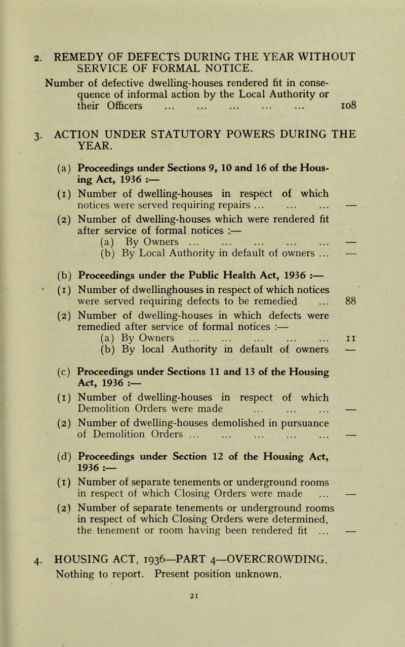 2. REMEDY OF DEFECTS DURING THE YEAR WITHOUT SERVICE OF FORMAL NOTICE. Number of defective dwelling-houses rendered fit in conse- quence of informal action by the Local Authority or their Officers ... 108 3. ACTION UNDER STATUTORY POWERS DURING THE YEAR. (a) Proceedings under Sections 9, 10 and 16 of the Hous- ing Act, 1936 :— (1) Number of dwelling-houses in respect of which notices were served requiring repairs ... ... ... — (2) Number of dwelling-houses which were rendered fit after service of formal notices :— (a) By Owners ... — (b) By Local Authority in default of owners ... — (b) Proceedings under the Public Health Act, 1936 :— (1) Number of dwellinghouses in respect of which notices were served requiring defects to be remedied ... 88 (2) Number of dwelling-houses in which defects were remedied after service of formal notices :— (a) By Owners 11 (b) By local Authority in default of owners — (c) Proceedings under Sections 11 and 13 of the Housing Act, 1936 :— (1) Number of dwelling-houses in respect of which Demolition Orders were made ... ... ... — (2) Number of dwelling-houses demolished in pursuance of Demolition Orders ... ... ... ... ... — (d) Proceedings under Section 12 of the Housing Act, 1936 :— (1) Number of separate tenements or underground rooms in respect of which Closing Orders were made ... — (2) Number of separate tenements or underground rooms in respect of which Closing Orders were determined, the tenement or room having been rendered fit ... — 4. HOUSING ACT, 1936—PART 4—OVERCROWDING. Nothing to report. Present position unknown. 2X