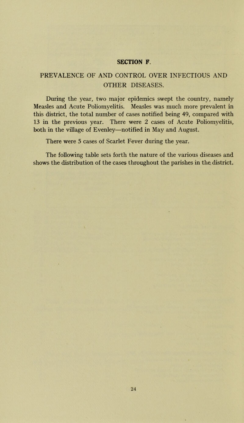 PREVALENCE OF AND CONTROL OVER INFECTIOUS AND OTHER DISEASES. During the year, two major epidemics swept the country, namely Measles and Acute Poliomyelitis. Measles was much more prevalent in this district, the total number of cases notified being 49, compared with 13 in the previous year. There were 2 cases of Acute Poliomyelitis, both in the village of Evenley—notified in May and August. There were 5 cases of Scarlet Fever during the year. The following table sets forth the nature of the various diseases and shows the distribution of the cases throughout the parishes in the district.