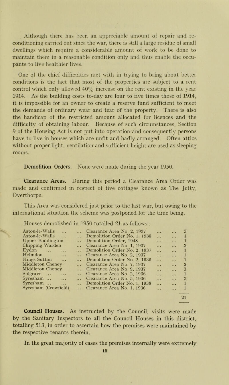 Although there luis heen an appreciable amount of repair and re- conditioning carried out since the war, there is still a large residue of small dwellings which reipiire a considerable amount of work to be done to maintain them in a reasonable condition only and thus enable the occu- pants to live healthier lives. One of the chief difficv.lties met with in trying to bring about better conditions is the fact that most of the properties are subject to a rent control which onh' allowed 40% increase on the rent existing in the year 1914. As the building costs to-day are four to five times those of 1914, it is impossible for an owner to create a reserve fund sufficient to meet the demands of ordinary wear and tear of the property. There is also the handicap of the restricted amount allocated for licences and the difficulty of obtaining labour. Because of such circumstances, Section 9 of the Housing Act is not put into operation and consequently persons have to live in houses which are unfit and badly arranged. Often attics without proper light, ventilation and sufficient height are used as sleeping rooms. Demolition Orders. None were made during the year 1950. Clearance Areas. During this period a Clearance Area Order was made and confirmed in respect of five cottages known as The Jetty, Overthorpe. This Area was considered just prior to the last war, but owing to the international situation the scheme was postponed for the time being. 1950 totalled 21 as follows : Houses demolished in Aston-le-Walls Aston-le-Walls Upper Boddington Chipping Warden Eydon Helmdon Kings Sutton Middleton Cheney Middleton Cheney Sulgrave ... Syresham ... Syresham ... Syresham (Crovvfield) Clearance Area No. 2, 19.37 Demolition Order No. 1, 1938 Demolition Order, 1948 Clearance Area No. 1, 1937 Demolition Order No. 2, 1937 Clearance Area No. 2, 1937 Demolition Order No. 2, 1930 Clearance Area No. 7, 1937 Clearance Area No. 9, 1937 Clearance Area No. 2, 1936 Clearance Area No. 5, 1936 Demolition Order No. 1, 1938 Clearance Area No. 1, 1936 . 3 1 1 2 1 1 1 . 2 . 3 1 3 1 1 21 Council Houses. As instructed by the Council, visits were made by the Sanitary Inspectors to all the Council Houses in this district, totalling 513, in order to ascertain how the premises were maintained by the respective tenants therein. In the great majority of cases the premises internally were extremely