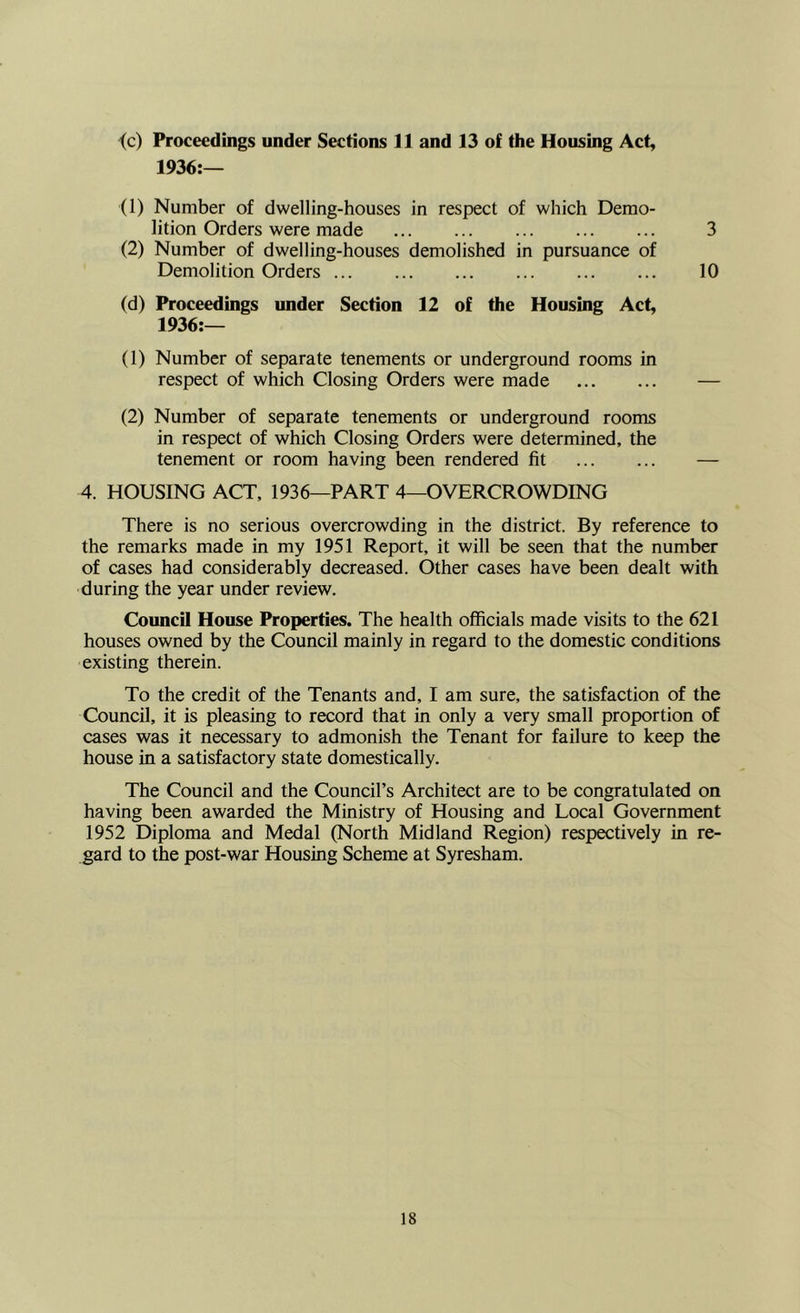 (c) Proceedings under Sections 11 and 13 of the Housing Act, 1936:— (1) Number of dwelling-houses in respect of which Demo- lition Orders were made 3 (2) Number of dwelling-houses demolished in pursuance of Demolition Orders ... ... ... ... ... ... 10 (d) Proceedings under Section 12 of the Housing Act, 1936:— (1) Number of separate tenements or underground rooms in respect of which Closing Orders were made — (2) Number of separate tenements or underground rooms in respect of which Closing Orders were determined, the tenement or room having been rendered fit — 4. HOUSING ACT, 1936—PART 4—OVERCROWDING There is no serious overcrowding in the district. By reference to the remarks made in my 1951 Report, it will be seen that the number of cases had considerably decreas^. Other cases have been dealt with during the year under review. Council House Properties. The health officials made visits to the 621 houses owned by the Council mainly in regard to the domestic conditions existing therein. To the credit of the Tenants and, I am sure, the satisfaction of the Council, it is pleasing to record that in only a very small proportion of cases was it necessary to admonish the Tenant for failure to keep the house in a satisfactory state domestically. The Council and the Council’s Architect are to be congratulated on having been awarded the Ministry of Housing and Local Government 1952 Diploma and Medal (North Midland Region) respectively in re- gard to the post-war Housing Scheme at Syresham.