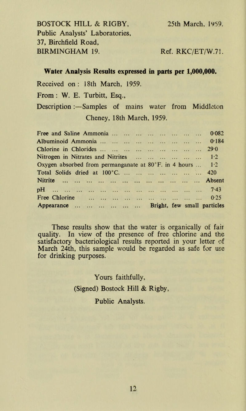 25th March, 1959. BOSTOCK HILL & RIGBY, Public Analysts’ Laboratories, 37, Birchfield Road, BIRMINGHAM 19. Ref. RKC/ET/W.71. Water Analysis Results expressed in parts per 1,000,000. Received on: 18th March, 1959. From : W. E. Turbitt, Esq., Description:—Samples of mains water from Middleton Cheney, 18th March, 1959. Free and Saline Ammonia 0 082 Albuminoid Ammonia 0184 Chlorine in Chlorides 29 0 Nitrogen in Nitrates and Nitrites 1-2 Oxygen absorbed from permanganate at 80°F. in 4 hours ... 1-2 Total Solids dried at 100°C ... 420 Nitrite Absent pH Free Chlorine Appearance 7-43 0-25 Bright, few small particles These results show that the water is organically of fair quality. In view of the presence of free chlorine and the satisfactory bacteriological results reported in your letter of March 24th, this sample would be regarded as safe for use for drinking purposes. Yours faithfully, (Signed) Bostock Hill & Rigby, Public Analysts.