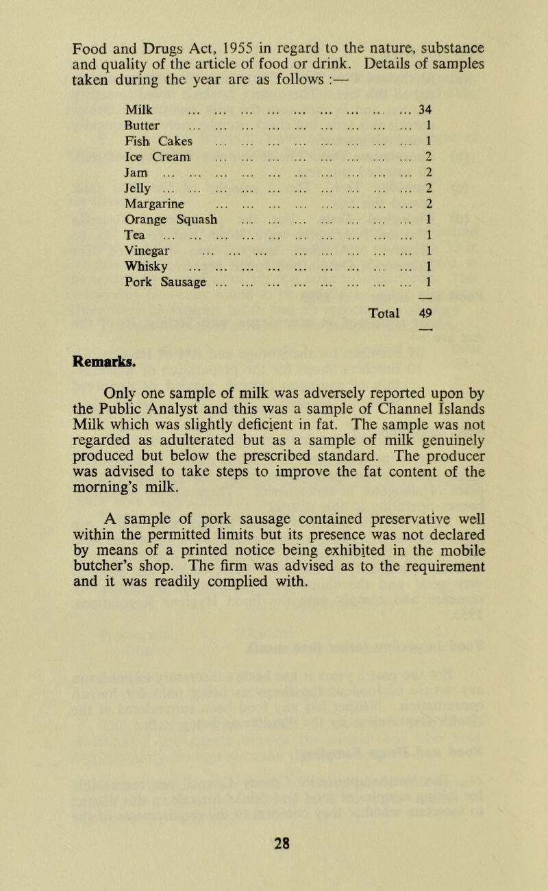 Food and Drugs Act, 1955 in regard to the nature, substance and quality of the article of food or drink. Details of samples taken during the year are as follows :— Milk 34 Butter 1 Fish Cakes 1 Ice Cream 2 Jam 2 Jelly 2 Margarine 2 Orange Squash 1 Tea 1 Vinegar 1 Whisky 1 Pork Sausage 1 Total 49 Remarks. Only one sample of milk was adversely reported upon by the Public Analyst and this was a sample of Channel Islands Milk which was slightly deficient in fat. The sample was not regarded as adulterated but as a sample of milk genuinely produced but below the prescribed standard. The producer was advised to take steps to improve the fat content of the morning’s milk. A sample of pork sausage contained preservative well within the permitted limits but its presence was not declared by means of a printed notice being exhibited in the mobile butcher’s shop. The firm was advised as to the requirement and it was readily complied with.