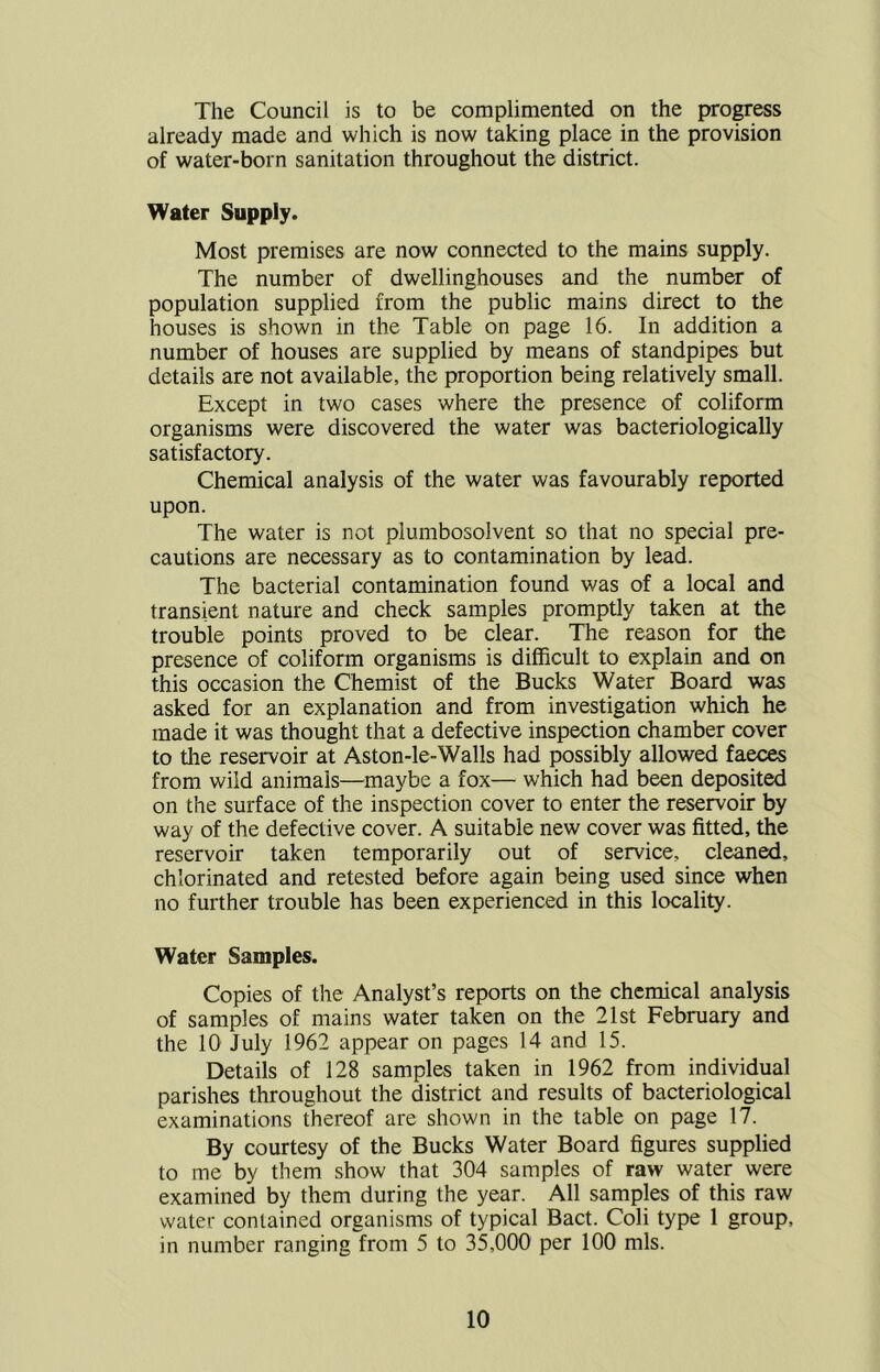 The Council is to be complimented on the process already made and which is now taking place in the provision of water-born sanitation throughout the district. Water Supply. Most premises are now connected to the mains supply. The number of dwellinghouses and the number of population supplied from the public mains direct to the houses is shown in the Table on page 16. In addition a number of houses are supplied by means of standpipes but details are not available, the proportion being relatively small. Except in two cases where the presence of coliform organisms were discovered the water was bacteriologically satisfactory. Chemical analysis of the water was favourably reported upon. The water is not plumbosolvent so that no special pre- cautions are necessary as to contamination by lead. The bacterial contamination found was of a local and transient nature and check samples promptly taken at the trouble points proved to be clear. The reason for the presence of coliform organisms is difficult to explain and on this occasion the Chemist of the Bucks Water Board was asked for an explanation and from investigation which he made it was thought that a defective inspection chamber cover to the reservoir at Aston-le-Walls had possibly allowed faeces from wild animals—maybe a fox— which had been deposited on the surface of the inspection cover to enter the reservoir by way of the defective cover. A suitable new cover was fitted, the reservoir taken temporarily out of service, cleaned, chlorinated and retested before again being used since when no further trouble has been experienced in this locality. Water Samples. Copies of the Analyst’s reports on the chemical analysis of samples of mains water taken on the 21st February and the 10 July 1962 appear on pages 14 and 15. Details of 128 samples taken in 1962 from individual parishes throughout the district and results of bacteriological examinations thereof are shown in the table on page 17. By courtesy of the Bucks Water Board figures supplied to me by them show that 304 samples of raw water were examined by them during the year. All samples of this raw water contained organisms of typical Bact. Coli type 1 group, in number ranging from 5 to 35,000 per 100 mis.