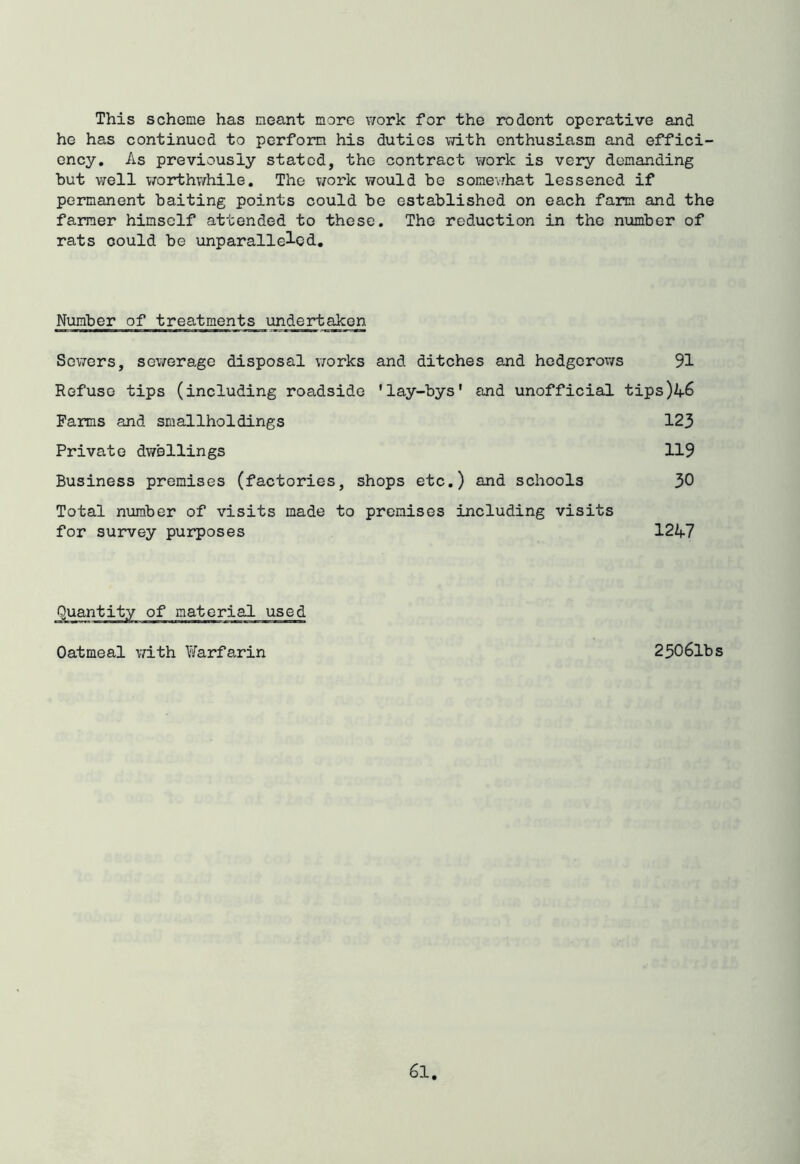 This scheme has meant more work for the rodent operative and he has continued to perform his duties vdth enthusiasm and effici- ency. As previously stated, the contract work is very demanding but well vrorthv/hile. The work would be somevrhat lessened if permanent baiting points could be established on each farm and the farmer himself attended to these. The reduction in the number of rats could be unparalleled. Number of treatments undertaken Sovvers, sev/erage disposal \7orks and ditches and hedgerows 91 Refuse tips (including roadside 'lay-bys' and unofficial tips)A6 Farms and smallholdings 123 Private dwellings 119 Business promises (factories, shops etc.) and schools 30 Total number of visits made to premises including visits for survey purposes 1247 Quantity of material used Oatmeal with Yifarfarin 2506lbs 6l