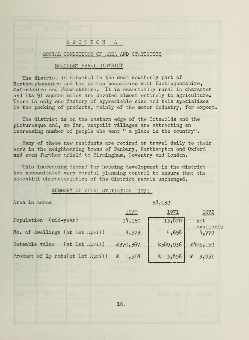 SECTION A SCCIiiL CONDITIONS OF AND STATISTICS BR^XIOiET RUR.'.L DISTRICT The district is situated in the most southerly part of Northamptonshire and has common boundaries with Buckinghamshire, Oxfordshire and V/arwickshire<, It is essentially rural in character and its 91 square miles are devoted almost entirely to agriculture# There is only one factory of appreciable size and this specializes in the packing of products, mainly of the motor industry, for export. The district is on the eastern edge of the Cotswolds and the picturesque and, so far, unspoilt villages are attracting an increasing number of people who want ” a place in the country”. Many of these new residents are retired or travel daily to their work in the neighbouring towns of Banbury, Northampton and Oxford and even farther afield to Birmingham, Coventry and London. This increasing demand for housing development in the district has necessitated very careful planning control to ensure that the essential characteristics of the district remain unchanged. SUMFEJ^Y OF VlTlJj ST.'.TISTICS 1971 Area in acres 58,132 1970 1971 1972 not available ^,779 £405,152 S 3,951 Population (mid-year) 14,150 13,870 No. of dwellings (at 1st ji,pril) 4,573 4,658 Rateable value (at 1st iipril) £370,367 £389,936 Product of Ip rate(at 1st April) £ 1,518 £ 3,856
