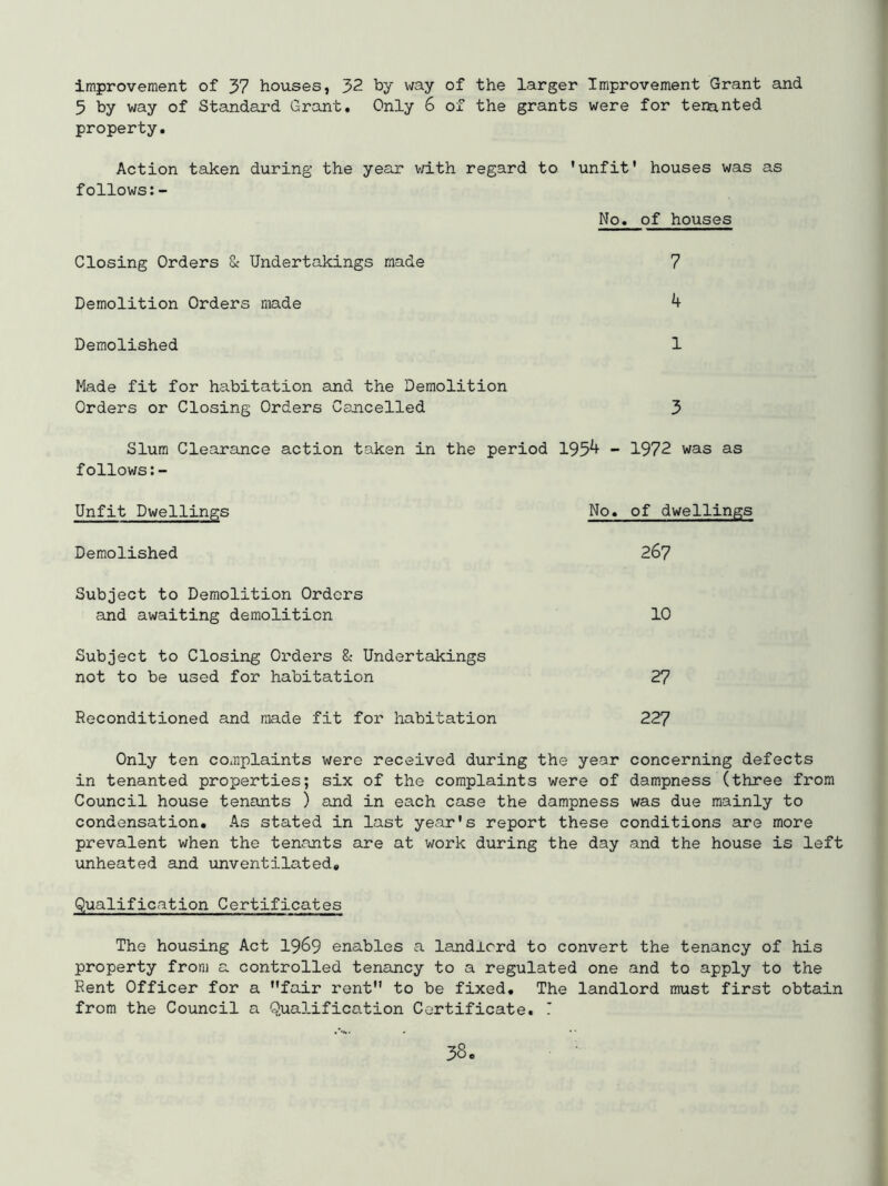 improvement of 37 houses, 32 by way of the larger Improvement Grant and 5 by way of Standard Grant. Only 6 of the grants were for tertxnted property. Action taken during the year vrith regard to 'unfit' houses was as follows:- No. of houses Closing Orders 8c Undertakings made 7 Demolition Orders made 4 Demolished 1 Made fit for habitation and the Demolition Orders or Closing Orders Cancelled 3 Slum Clearance action taken in the period 1954 - 1972 was as follows Unfit Dwellings No. of dwellings Demolished 267 Subject to Demolition Orders and awaiting demolition 10 Subject to Closing Orders 8c Undertakings not to be used for habitation 27 Reconditioned and made fit for habitation 227 Only ten complaints were received during the year concerning defects in tenanted properties; six of the complaints were of dampness (three from Council house tenants ) and in each case the dampness was due mainly to condensation. As stated in last year's report these conditions are more prevalent when the tenants are at work during the day and the house is left unheated and unventilated. Qualification Certificates The housing Act 1969 enables a landlord to convert the tenancy of his property from a controlled tenancy to a regulated one and to apply to the Rent Officer for a fair rent to be fixed. The landlord must first obtain from the Council a Qualification Certificate. T 58
