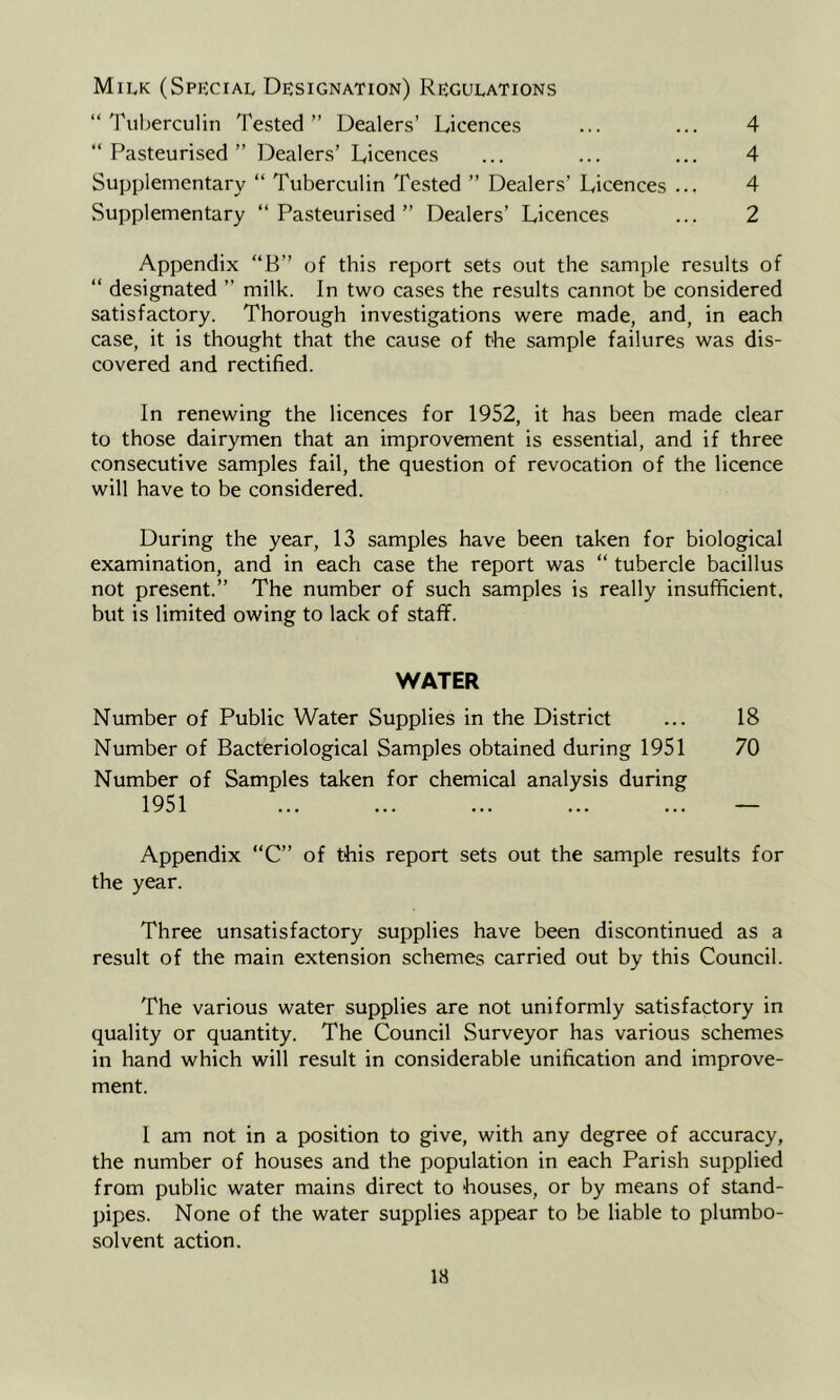 Milk (Special Designation) Regulations “ Tuberculin Tested ” Dealers’ Licences ... ... 4 “ Pasteurised ” Dealers’ Licences ... ... ... 4 Supplementary “ Tuberculin Tested ” Dealers’ Licences ... 4 Supplementary “Pasteurised” Dealers’ Licences ... 2 Appendix “B” of this report sets out the sample results of “ designated ” milk. In two cases the results cannot be considered satisfactory. Thorough investigations were made, and, in each case, it is thought that the cause of the sample failures was dis- covered and rectified. In renewing the licences for 1952, it has been made clear to those dairymen that an improvement is essential, and if three consecutive samples fail, the question of revocation of the licence will have to be considered. During the year, 13 samples have been taken for biological examination, and in each case the report was “ tubercle bacillus not present.” The number of such samples is really insufficient, but is limited owing to lack of staff. WATER Number of Public Water Supplies in the District ... 18 Number of Bacteriological Samples obtained during 1951 70 Number of Samples taken for chemical analysis during 1951 — Appendix “C” of this report sets out the sample results for the year. Three unsatisfactory supplies have been discontinued as a result of the main extension schemes carried out by this Council. The various water supplies are not uniformly satisfactory in quality or quantity. The Council Surveyor has various schemes in hand which will result in considerable unification and improve- ment. 1 am not in a position to give, with any degree of accuracy, the number of houses and the population in each Parish supplied from public water mains direct to houses, or by means of stand- pipes. None of the water supplies appear to be liable to plumbo- solvent action.