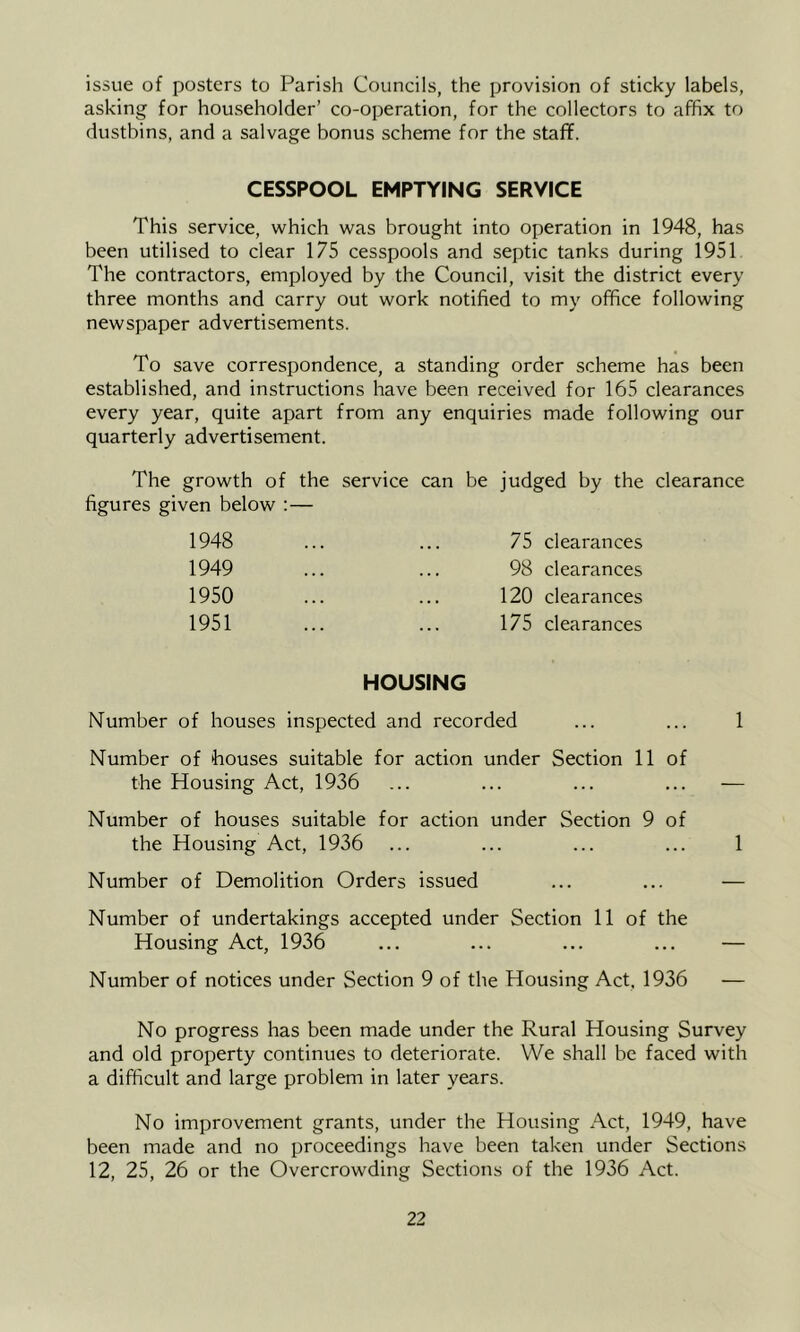 issue of posters to Parish Councils, the provision of sticky labels, asking for householder’ co-operation, for the collectors to affix to dustbins, and a salvage bonus scheme for the staff. CESSPOOL EMPTYING SERVICE This service, which was brought into operation in 1948, has been utilised to clear 175 cesspools and septic tanks during 1951 The contractors, employed by the Council, visit the district every three months and carry out work notified to my office following newspaper advertisements. To save correspondence, a standing order scheme has been established, and instructions have been received for 165 clearances every year, quite apart from any enquiries made following our quarterly advertisement. The growth of the service can be judged by the clearance figures given below :— 1948 75 clearances 1949 98 clearances 1950 120 clearances 1951 175 clearances HOUSING Number of houses inspected and recorded ... ... 1 Number of houses suitable for action under Section 11 of the Housing Act, 1936 ... ... ... ... — Number of houses suitable for action under Section 9 of the Housing Act, 1936 ... ... ... ... 1 Number of Demolition Orders issued ... ... — Number of undertakings accepted under Section 11 of the Housing Act, 1936 ... ... ... ... — Number of notices under Section 9 of the Housing Act. 1936 — No progress has been made under the Rural Housing Survey and old property continues to deteriorate. YVe shall be faced with a difficult and large problem in later years. No improvement grants, under the Housing Act, 1949, have been made and no proceedings have been taken under Sections 12, 25, 26 or the Overcrowding Sections of the 1936 Act.