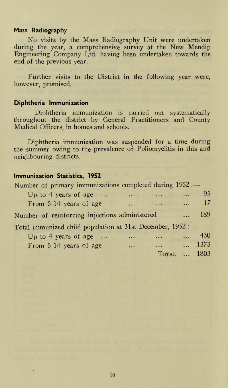Mass Radiography No visits by the Mass Radiography Unit were undertaken during the year, a comprehensive survey at the New Mendip Engineering Company Ltd. having been undertaken towards the end of the previous year. Further visits to the District in the following year were, however, promised. Diphtheria Immunization Diphtheria immunization is carried out systematically throughout the district by General Practitioners and County Medical Officers, in homes and schools. Diphtheria immunization was suspended for a time during the summer owing to the prevalence of Poliomyelitis in this and neighbouring districts. Immunization Statistics, 1952 Number of primary immunizations completed during 1952 : — Up to 4 years of age ... ... ... ... 95 From 5-14 years of age ... ... ... 17 Number of reinforcing injections administered ... 189 Total immunized child population at 31st December, 1952 :— Up to 4 years of age From 5-14 years of age Total ... 430 1373 1803 U)