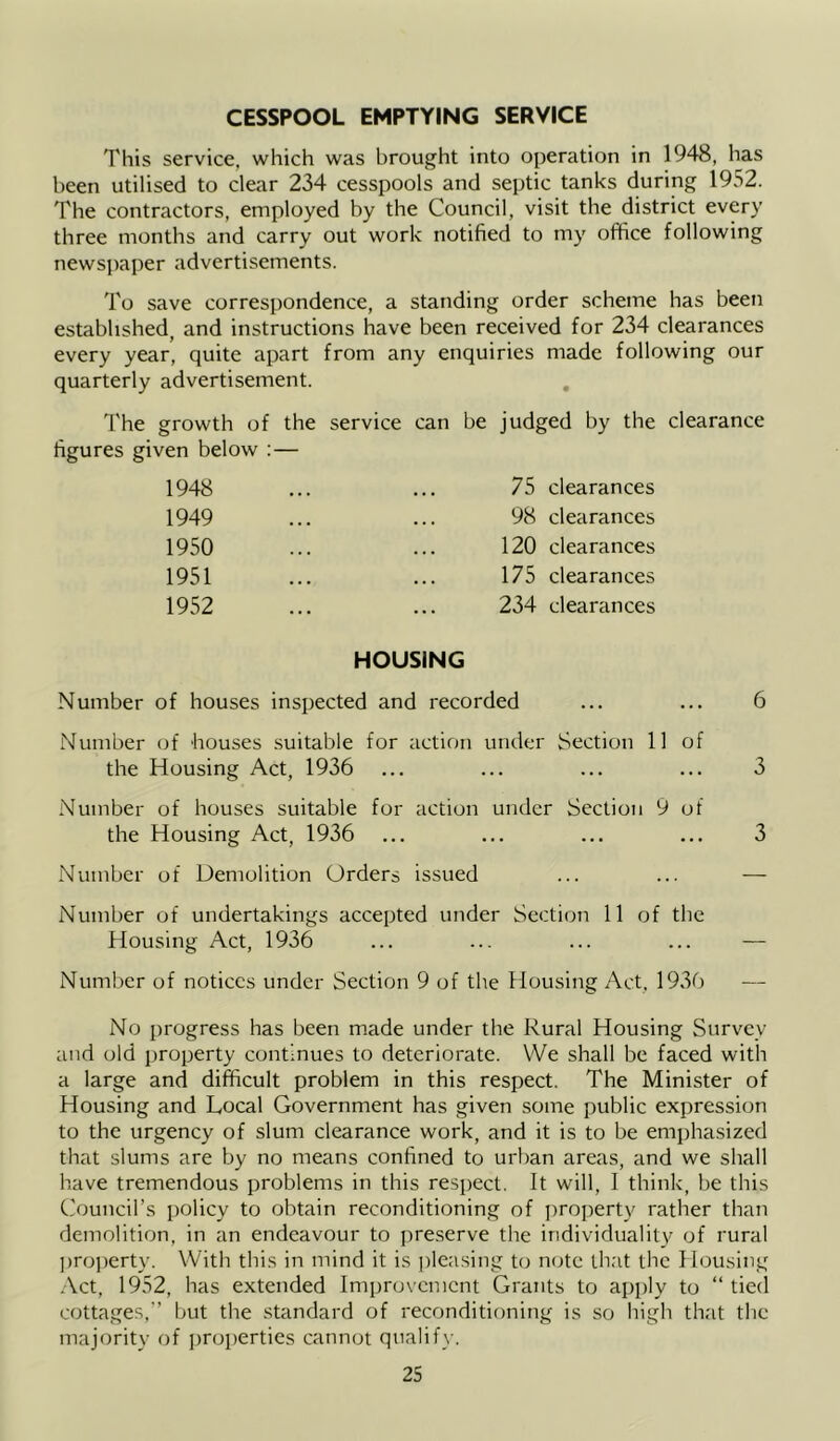 CESSPOOL EMPTYING SERVICE This service, which was brought into operation in 1948, has been utilised to clear 234 cesspools and septic tanks during 1952. The contractors, employed by the Council, visit the district every three months and carry out work notified to my office following newsi)aper advertisements. To save correspondence, a standing order scheme has been established, and instructions have been received for 234 clearances every year, quite apart from any enquiries made following our quarterly advertisement. The growth of the service figures given below :— 1948 1949 1950 1951 1952 can be judged by the clearance 75 clearances 98 clearances 120 clearances 175 clearances 234 clearances HOUSING Number of houses inspected and recorded ... ... 6 Number of houses suitable for action under Section 11 of the Housing Act, 1936 ... ... ... ... 3 Number of houses suitable for action under Section 9 of the Housing Act, 1936 ... ... ... ... 3 Number of Demolition Orders issued ... ... — Number of undertakings accepted under Section 11 of the Housing Act, 1936 ... ... ... ... — Number of notices under Section 9 of the Housing Act. 1936 — No progress has been made under the Rural Housing Survey and old property continues to deteriorate. VVe shall be faced with a large and difficult problem in this respect. The Minister of Housing and Local Government has given some public expression to the urgency of slum clearance work, and it is to be emphasized that slums are by no means confined to urban areas, and we shall have tremendous problems in this respect. It will, I think, be this Council’s policy to obtain reconditioning of property rather than demolition, in an endeavour to preserve the individualiCv of rural ])roi)erty. With this in mind it is pleasing to note that the Housing Act, 1952, has extended Improvement Grants to apply to “tied cottages,’’ but the standard of reconditioning is so high that the majority of i)roperties cannot qiialifw