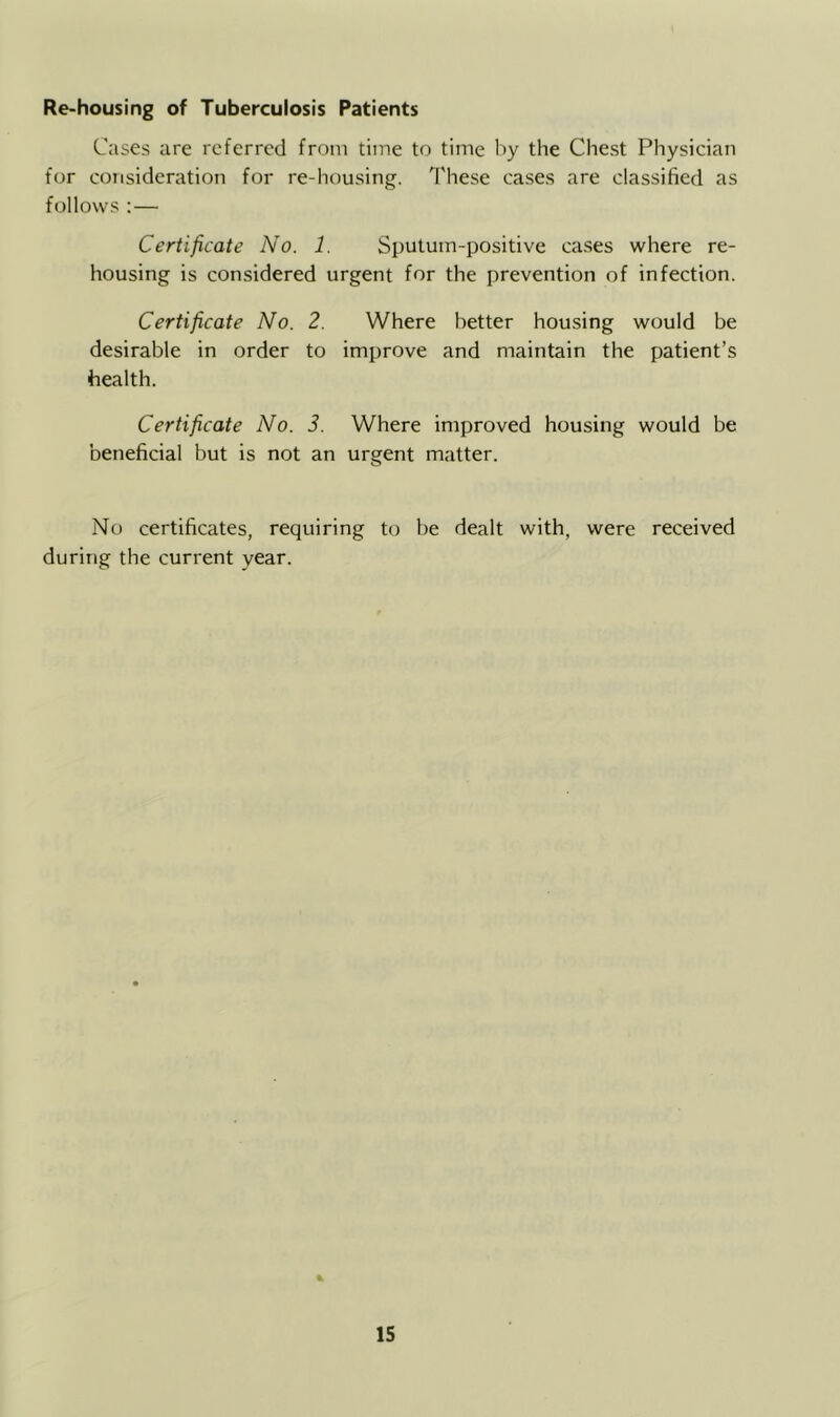 Re-housing of Tuberculosis Patients Cases are referred from time to time by the Chest Physician for consideration for re-housing. 'I'liese cases are classified as follows :— Certificate No. 1. Sputum-positive cases where re- housing is considered urgent for the prevention of infection. Certificate No. 2. Where better housing would be desirable in order to improve and maintain the patient’s health. Certificate No. 3. Where improved housing would be beneficial but is not an urgent matter. o No certificates, requiring to be dealt with, were received during the current year.