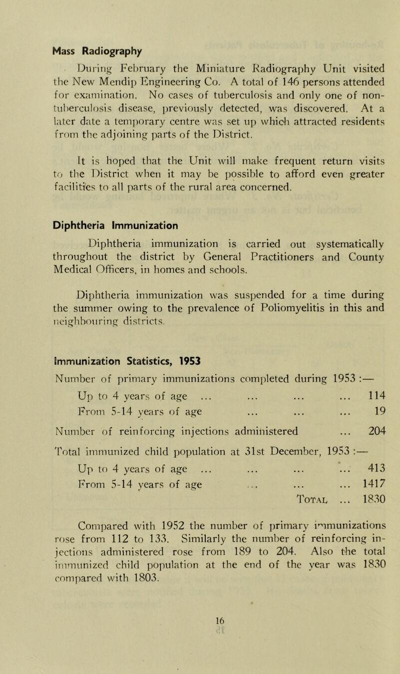 Mass Radiography During February the Miniature Radiography Unit visited the New Mendip Engineering Co. A total of 146 persons attended for examination. No cases of tuherculo.si.s and only one of non- tuberculosi.s di.sease, ])reviously detected, was discovered. At a later date a temporary centre was .set up vvhidi attracted residents from the adjoining parts of the Di.strict. It is hoped that the Unit will make frequent return visits t.j the District when it may be jjossible to afford even greater facilities to all parts of the rural area concerned. Diphtheria Immunization Diphtheria immunization is carried out systematically throughout the district by General Practitioners and County Medical Officers, in homes and schools. Diphtheria immunization was suspended for a time during the summer owing to the prevalence of Poliomyelitis in this and n ei gh bou ri n g districts. Immunization Statistics, 1953 Number of primary immunizations completed during 1953 :— Up to 4 years of age ... ... ... ... 114 From 5-14 years of age ... ... ... 19 Number of reinforcing injections administered ... 204 Total immunized child population at 31st December, 1953 ; — Up to 4 years of age ... ... ... ... 413 P'rom 5-14 years of age ... ... ... 1417 Tot.^l ... 18.30 Compared with 1952 the number of primary immunizations rose from 112 to 133. Similarly the number of reinforcing in- iections admini.stered rose from 189 to 204. Also the total immunized child poinilation at the end of the year was 1830 compared with 1803.