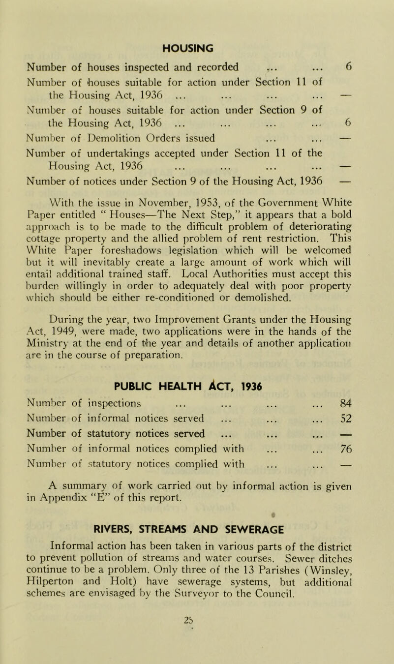 HOUSING Number of houses inspected and recorded ... ... 6 Number of houses suitable for action under Section 11 of the Housing Act, 1936 ... ... ... ... — Number of houses suitable for action under Section 9 of the Housing Act, 1936 ... ... ... ... 6 Number of Demolition Orders issued ... ... — Number of undertakings accepted under Section 11 of the Housing Act, 1936 ... ... ... ... — Number of notices under Section 9 of the Housing Act, 1936 — With the issue in November, 1953, of the Government White Paper entitled “ Houses—The Next Step,” it appears that a bold approach is to be made to the difficult problem of deteriorating cottage property and the allied problem of rent restriction. This White Paper foreshadows legislation which will be welcomed but it will inevitably create a large amount of work which will entail additional trained staff. Local Authorities must accept this burden willingly in order to adequately deal with poor property which should be either re-conditioned or demolished. During the year, two Improvement Grants under the Housing Act, 1949, were made, two applications were in the hands of the Mini.s^try at the end of the year and details of another application are in the course of preparation. PUBLIC HEALTH ACT, 1936 Number of inspections ... ... ... ... 84 Number of informal notices served ... ... ... 52 Number of statutory notices served ... ... ... — Number of informal notices complied with ... ... 76 Number of statutory notices complied with ... ... — A summary of work carried out by informal action is given in Appendix “E” of this report. RIVERS, STREAMS AND SEWERAGE Informal action has been taken in various parts of the district to prevent pollution of streams and water courses. Sewer ditches continue to be a problem. Only three of the 13 Parishes (Winsley, Hilperton and Holt) have sewerage systems, but additional schemes are envisaged by the vSurveyor to the Council. 2b