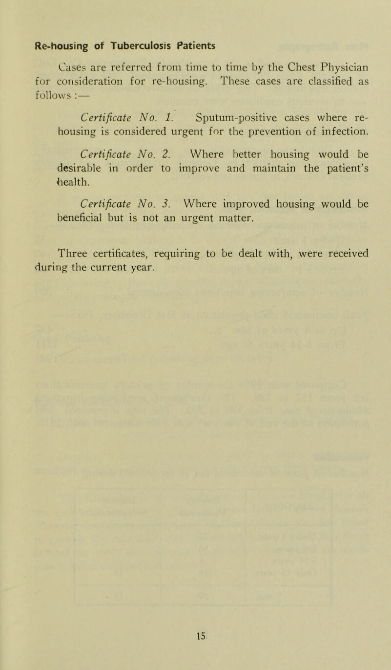 Re-housing of Tuberculosis Patients Cases are referred from time to time by the Chest Physician for consideration for re-housing. These cases are classified as follows : — Certificate No. 1. Sputum-positive cases where re- housing is considered urgent for the prevention of infection. Certificate No. 2. Where better housing would he desirable in order to improve and maintain the patient’s health. Certificate No. 2. Where improved housing would be beneficial but is not an urgent matter. Three certificates, requiring to be dealt with, were received during the current year. IS