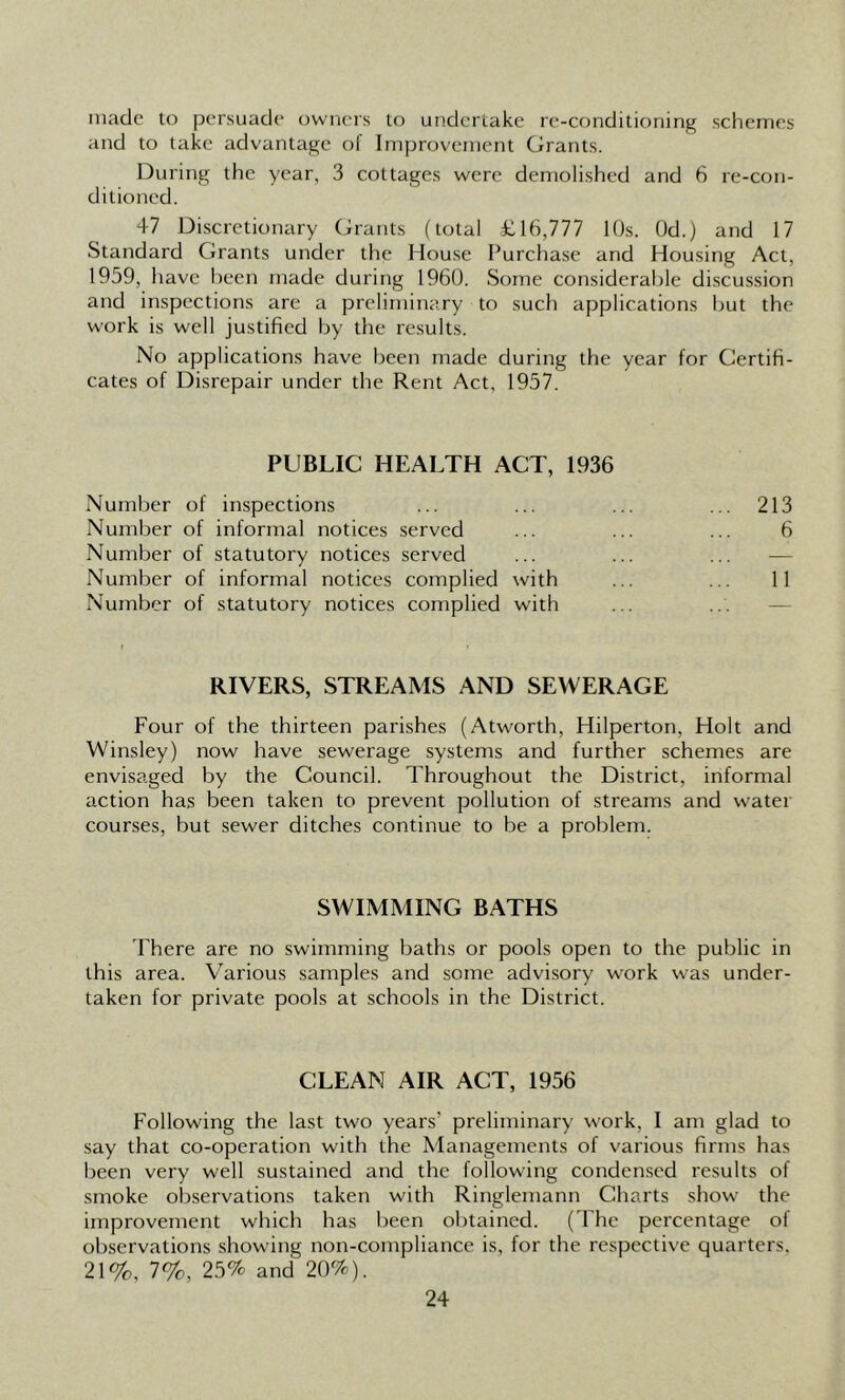 made to persuade owners to undertake re-conditioning schemes and to take advantage of Improvement Grants. During the year, 3 cottages were demolished and 6 re-con- ditioned. 47 Discretionary Grants (total £16,777 10s. Od.) and 17 Standard Grants under the House Purchase and Housing Act, 1959, have been made during 1960. Some considerable discussion and inspections are a preliminary to such applications but the work is well justified by the results. No applications have been made during the year for Certifi- cates of Disrepair under the Rent Act, 1957. PUBLIC HEALTH ACT, 1936 Number of inspections ... ... ... ... 213 Number of informal notices served ... ... ... 6 Number of statutory notices served Number of informal notices complied with ... ... 11 Number of statutory notices complied with RIVERS, STREAMS AND SEWERAGE Four of the thirteen parishes (Atworth, Hilperton, Holt and Winsley) now have sewerage systems and further schemes are envisa.ged by the Council. Throughout the District, informal action has been taken to prevent pollution of streams and water courses, but sewer ditches continue to be a problem. SWIMMING BATHS There are no swimming baths or pools open to the public in this area. Various samples and some advisory work was under- taken for private pools at schools in the District. CLEAN AIR ACT, 1956 Following the last two years’ preliminary work, I am glad to say that co-operation with the Managements of various firms has been very well sustained and the following condensed results of smoke observations taken with Ringlemann Charts show the improvement which has been obtained. (The percentage of observations showing non-compliance is, for the respective quarters. 21%, 7%, 25% and 20%).