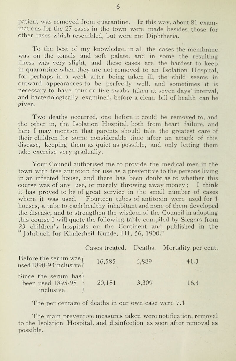 patient was removed from quarantine. In this way, about 81 exam- inations for the 27 cases in the town were made besides those for other cases which resembled, but were not Diphtheria. To the best of my knowledp^e, in all the cases the membrane was on the tonsils and soft palate, and in some the resulting' ilness was very slight, and these cases are the hardest to keep in quarantine when they are not removed to an Isolation Hospital, for perhaps in a week after being taken ill, the child seems in outward appearances to be perfectly well, and sometimes it is necessary to have four or five swabs taken at seven days’ interval, and bacteriologically examined, before a clean bill of health can be given. Two deaths occurred, one before it Could he removed to, and the other in, the Isolation Hospital, both from heart failure, and here I may mention that parents should take the greatest care of their children for some considerable time after an attack of this disease, keeping them as quiet as possible, and only letting them take exercise very gradually. Your Council authorised me to provide the medical men in the town with free antitoxin for use as a preventive to the persons living in an infected house, and there has been doubt as to whether this course was of any use, or merely throwing away money ; I think it has proved to be of great service in the small number of cases where it was used. Fourteen tubes of antitoxin were used for 4 houses, a tube to each healthy inhabitant and none of them developed the disease, and to strengthen the wisdom of the Council in adopting this course I will quote the following table compiled by Siegers from 23 children’s hospitals on the Continent and published in the ‘‘Jahrbuch ftir Kinderheil Kunde, III, 56, 1900.” Cases treated. Deaths. Mortality per cent. Before the serum was^ used 1890-93 inclusive 1 Since the serum has| been used 1895-98 inclusive ) 16,585 6,889 20,181 3,309 41.3 16.4 The per centage of deaths in our own case were 7.4 The main preventive measures taken were notification, removal to the Isolation Hospital, and disinfection as soon after removal as possible.