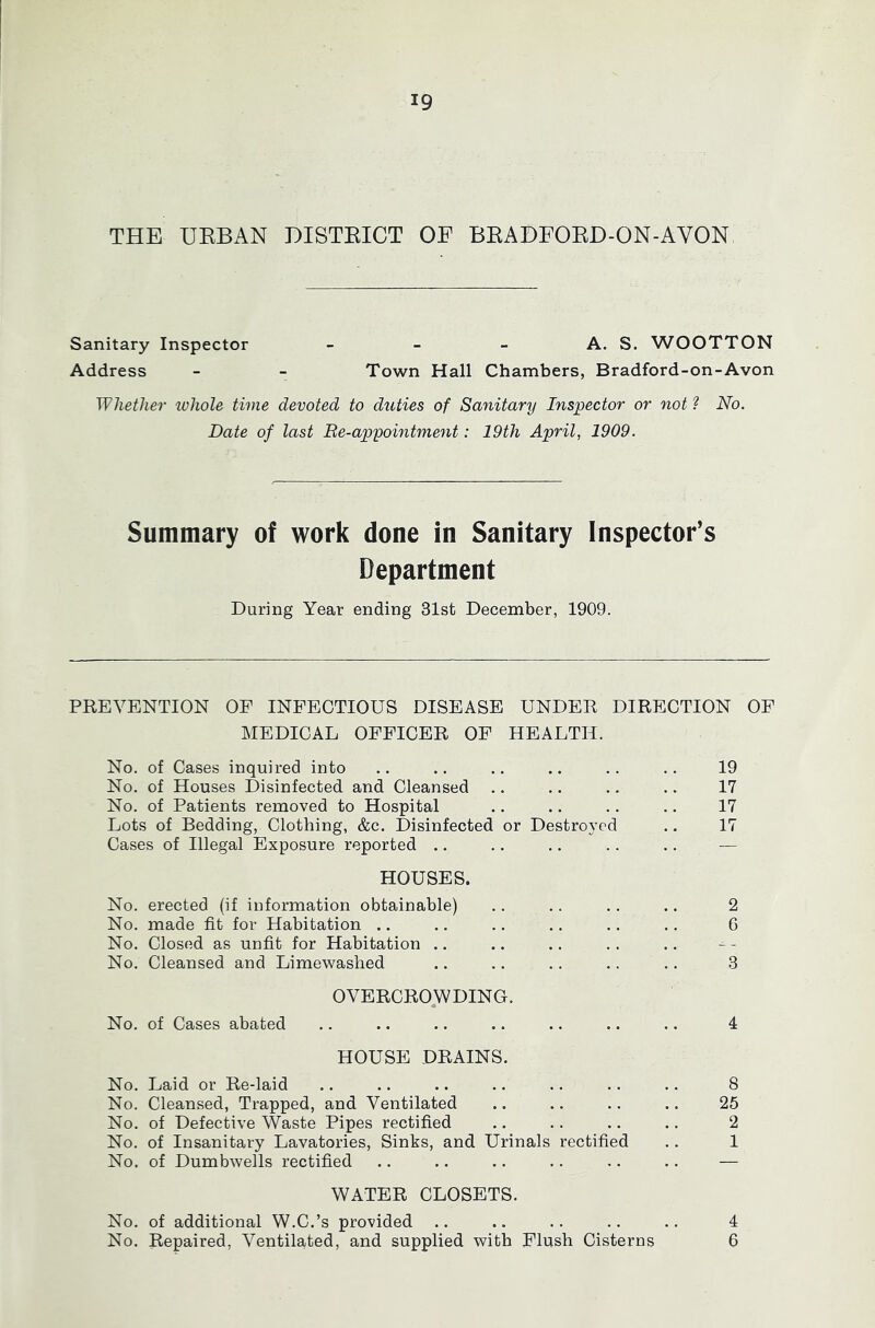 THE UEBAN DISTEICT OF BEADFOED-ON-AVON Sanitary Inspector - - - A. S. WOOTTON Address - - Town Hall Chambers, Bradford-on-Avon Whether ivhole time devoted to duties of Sanitary Inspector or not ? No. Date of last Be-appointment: 19th April, 1909. Summary of work done in Sanitary Inspector’s Department During Year ending 31st December, 1909. PREVENTION OF INFECTIOUS DISEASE UNDER DIRECTION OF MEDICAL OFFICER OF HEALTH. No. of Cases inquired into .. .. .. .. .. .. 19 No. of Houses Disinfected and Cleansed .. .. .. .. 17 No. of Patients removed to Hospital .. .. .. .. 17 Lots of Bedding, Clothing, &c. Disinfected or Destroyed .. 17 Cases of Illegal Exposure reported .. .. .. .. .. — HOUSES. No. erected (if information obtainable) .. .. .. .. 2 No. made fit for Habitation .. .. .. .. .. .. 6 No. Closed as unfit for Habitation .. No. Cleansed and Limewashed .. .. .. .. .. 3 OVERCROWDING. No. of Cases abated .. .. .. .. .. .. .. 4 HOUSE DRAINS. No. Laid or Re-laid .. .. .. .. .. .. .. 8 No. Cleansed, Trapped, and Ventilated .. .. .. .. 25 No. of Defective Waste Pipes rectified .. .. .. .. 2 No. of Insanitary Lavatories, Sinks, and Urinals rectified .. 1 No. of Dumbwells rectified .. .. .. .. .. .. — WATER CLOSETS. No. of additional W.C.’s provided .. .. .. .. .. 4 No. Repaired, Ventilated, and supplied with Flush Cisterns 6