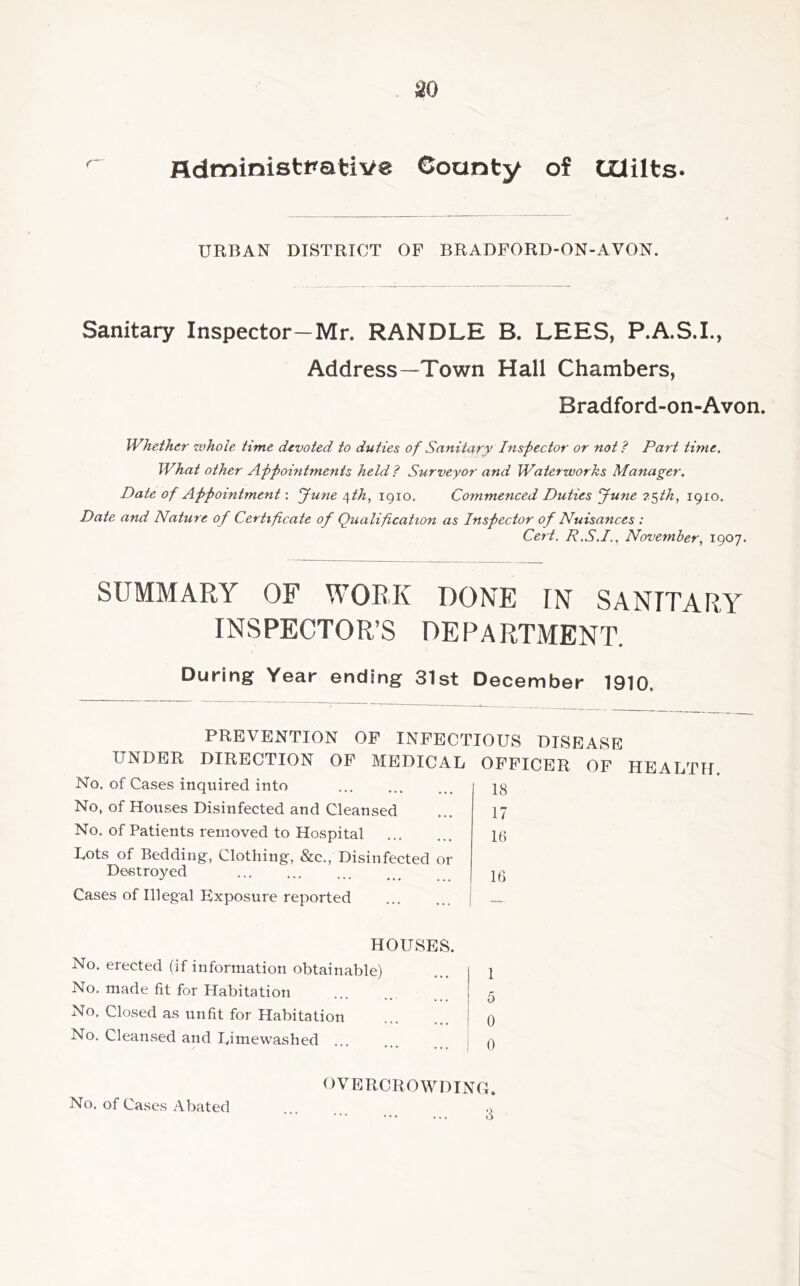 Rdministt^ative County of CXlilts. URBAN DISTRICT OF BRADFORD-ON-AVON. Sanitary Inspector—Mr. RANDLE B. LEES, P.A.S.I., Address—Town Hall Chambers, Bradford-on-Avon. Whether whole time devoted to duties of Sanitary Inspector or not? Part time. What other Appointments held? Surveyor and Waterworks Manager. Date of Appointment: June Mh, 1910. Commenced Duties June 2^th, 1910. Date and Nature of Certificate of Qualification as Inspector of Nuisances : Cert. R.S.I., November., 1907. SUMMARY OF WORK DONE IN SANITARY INSPECTOR’S DEPARTMENT. During Year ending 31st December 1910. PREVENTION OF INFECTIOUS DISEASE UNDER DIRECTION OF MEDICAL OFFICER OF HEALTH. No. of Cases inquired into No, of Houses Disinfected and Cleansed No. of Patients removed to Hospital Lots of Bedding, Clothing, &c., Disinfected or Destroyed Cases of Illegal Exposure reported HOUSES. No. erected (if information obtainable) No. made fit for Habitation No. Closed as unfit for Habitation No. Cleansed and Limewashed ... 18 17 16 16 OVERCROWDING. No. of Cases Abated 3