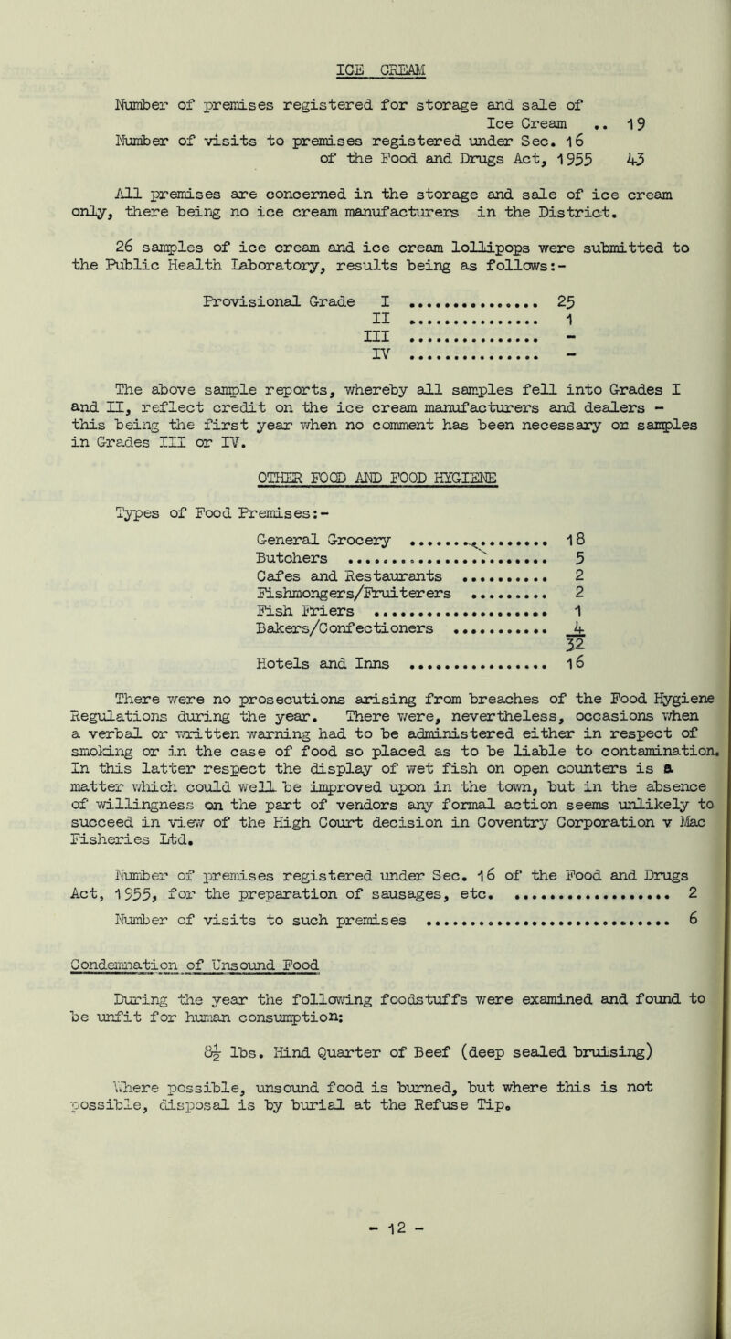 ICE CEmii Number of premises registered for storage and sale of Ice Cream ,, 19 Number of visits to premises registered under Sec. 16 of the Pood and Drugs Act, 1955 43 All ]premises are concerned in the storage and sale of ice cream only, there being no ice cream manufacturers in the District. 26 saiiples of ice cream and ice cream lollipops were submitted to the Public Health Laboratory, results being as follows Provisional Grade I 29 II 1 III IV The above saiiple reports, whereby all samples fell into Grades I and II, reflect credit on the ice cream manufacturers and dealers - this being the first year when no comment has been necessary or samples in Grades III or IV. OTHER FQCD AND FOOD HYGIENE Types of Pood Premises General Grocery 18 Butchers V 5 Cafes and Restaurants 2 Fishmongers/Fruiterers 2 Fish Triers 1 Bakers/Confecti oners 32 Hotels and Inns 16 There were no prosecutions arising from breaches of the Pood ffygiene Regulations dinring the year. There y/ere, nevertheless, occasions when a verbal or written warning had to be administered either in respect of smoid.ng or in the case of food so placed as to be liable to contamination. In this latter respect the display of yret fish on open counters is a matter which could well, be improved upon in the town, but in the absence of willingness on the part of vendors any formal action seems unlikely to succeed in view of the High Court decision in Coventry Corporation v 14ac Fisheries Ltd, Tiumber of ]preraises registered xmder Sec. 16 of the Food and Drugs Act, 1955? ^*'31' the preparation of sausages, etc 2 Number of visits to such premises 6 Condeimiation of Unsound Food During the year the follcwdng foodstuffs were examined and foimd to be unfit for hur.ian consunption: 8|- lbs. Hind Quarter of Beef (deep sealed bruising) Lliere possible, unsouind food is burned, but where this is not possible, disiDosal is by burial at the Refuse Tip.