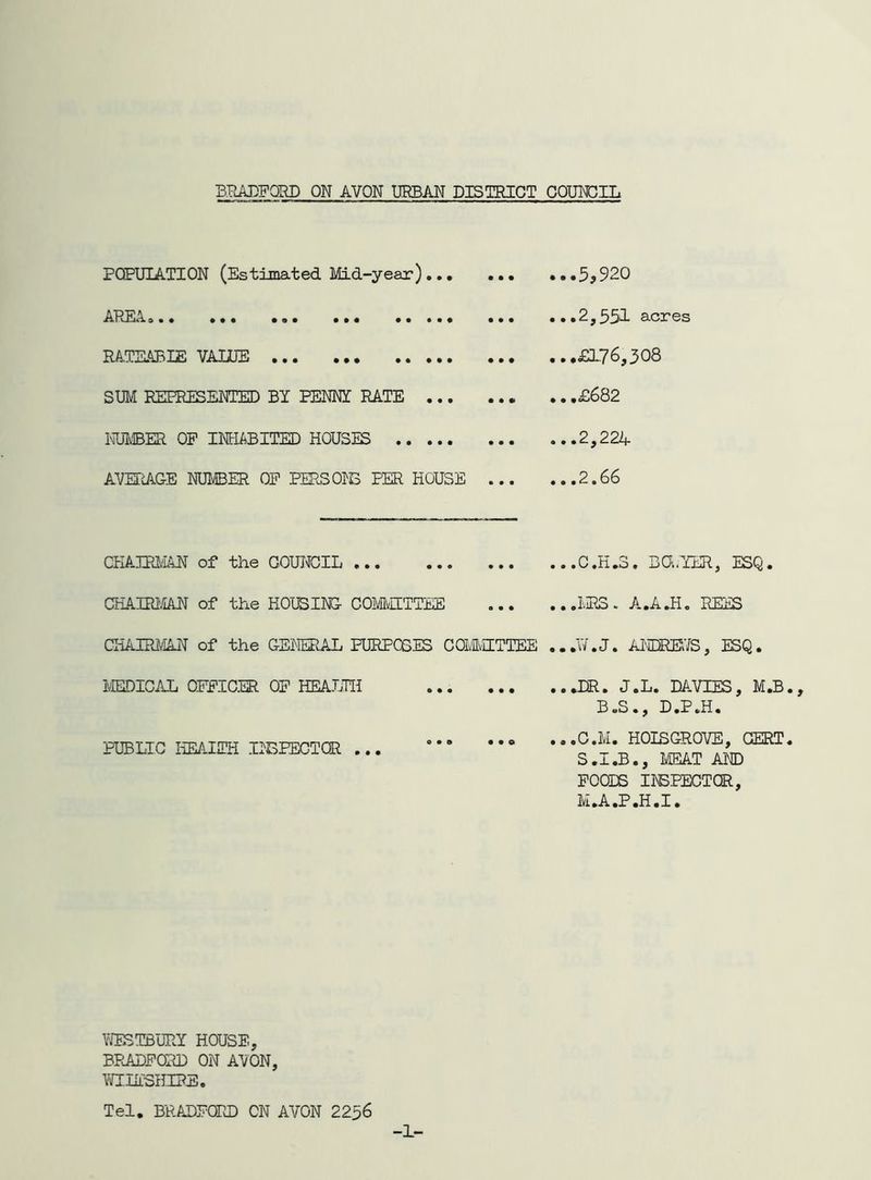 PCPUIATION (Estimated Mid-year) AREA ••• ••• •• ••• ••• RATEABLE VALUE SIM REFRESENTED BY PENNY RATE liUlvBER OF INHABITED HOUSES AVERAGE NUMBER OF PERSON PER HOUSE ... ...5,920 .,,2,352. acres ...£176,508 .. .£682 ...2,224 .,.2.66 CHAna'IAN of the COUNCIL ... . ..C.H.S. BQ.YER, ESQ. CHAWiAN of the HOUSING COmHTTEE CHAIRMAN of the GENERAL PURPCGES COMIvUTTEE IvEDICAL OFFICER OF HEAJFH PUBLIC HEAITH lEBEECTQR ... ...MRS. A.A.H. REES ...W.J. AI'lE^k/S, ESQ. ...DR. J.L. DAVIES, M.B B.S., D.P.H, ...C.M. HOISGROVE, CERT S.I.B., MEkT AND FOODS IiePECTQR, M.A.P.H.I. Y.ESTBURY HOUSE, BPJfflFORD ON AVON, RUElSHIRE. Tel, BRADFORD CN AVON 2256 -1-
