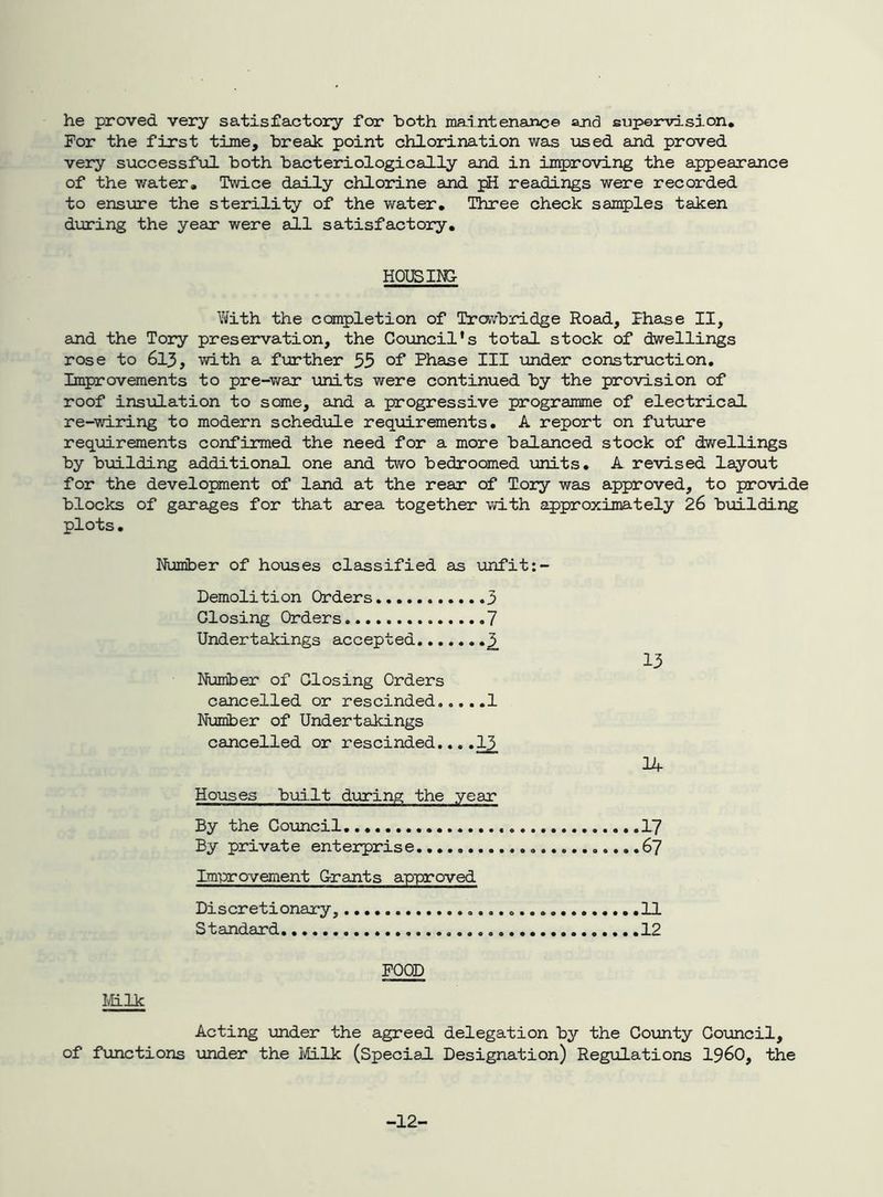 he proved very satisfactory for both maintenance and supervision. For the first time, break point chlorination wsls used and proved very successful both bacteriologically and in ir^jroving the appearance of the water. Twice daily chlorine and pH readings were recorded to ensure the sterility of the water. Three check samples taken during the year were all satisfactory, HOUSING Y/ith the completion of Travbridge Road, Phase II, atnd the Tory preservation, the Covincil’s total stock of dwellings rose to 613, with a f\jrther 35 of Phase III under construction. Improvements to pre-war units were continued by the provision of roof insulation to some, and a progressive programme of electrical re-wiring to modern schedule requirements. A report on future reqmrements confirmed the need for a more balanced stock of dwellings by bmlding additional one and two bedroomed units, A revised layout for the development of land at the rear of Tory was approved, to provide blocks of garages for that area together with approximately 26 building plots, Number of houses classified as unfit:- Demolition Orders 3 Closing Orders 7 Undertakings accepted ^ 13 Number of Closing Orders cancelled or rescinded 1 Number of Undertakings cancelled or rescinded....13 Houses biiilt during the year By the Coxincil 17 By private enterprise 67 Improvement Grants approved Discretionary, 11 Standard 12 IvHlk POOD Acting under the agreed delegation by the Covinty Council, of functions \ander the IVLLlk (Special Designation) Regiolations I960, the -12-