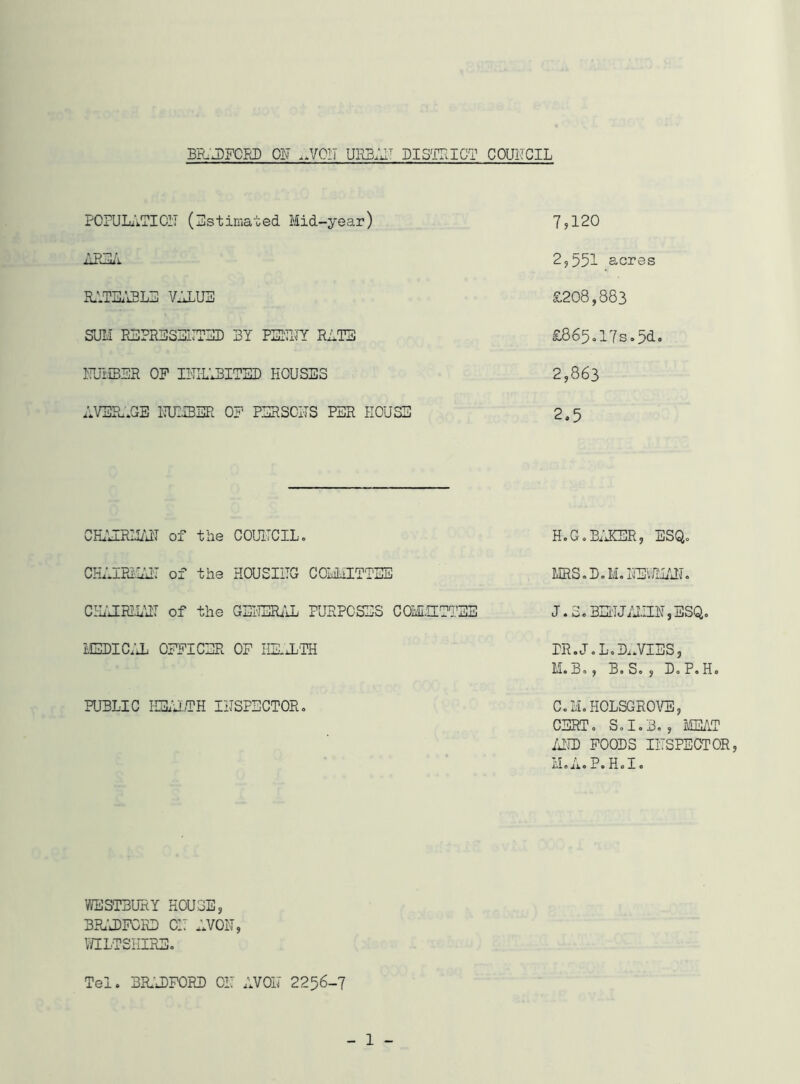 BR.'J)?CB1) Olv ..VCIT UR3;j' BISaT.ICT COUNCIL FCPULuiTIClT (Plstimated Mid-year) ilRIiL’i IL'.TIL'iBLIl ViJ^UB SUM RBPRESBiB?^!) BY PEBBY RITE ITUi'iBER OF I1'TI-L‘J3ITED HOUSES AVEH.GB IdJ::IBER OF PERS017S PER HOUSE CIHlIRM^'ilT of the COUITCIL. CHAIEl.EdT of the HOUSIITG COLiilTTEE CHAIRMAIT of the GEIPERAL PURPOSES COMIIEETEB MEDICiJ. OFFICER OF HE..xL'TH PUBLIC I-HLYL.TH IITSPECTOR, ’AESTBURY HOUSE, BR.’J)PY)EI) 01; AVOIT, WILTSHIRE. Tel. BiL-J)PORI) OH AVOW 2256-7 7,120 2,551 acres £208,883 £865,17s.5d. 2,863 2.5 H.G.Bi'XER, ESQ. MRS.D.M,r®.,7EILL J.3.BEI'TJ/J.IIH,SSQ. rR.J.L,I)..VIES, M. B., B. S. , B. P. H. C.IvI.HOLSGROVE, CERT. S.I.3., MEAT IdTD FOODS irSPEOTOR, M.A.P.H.I.