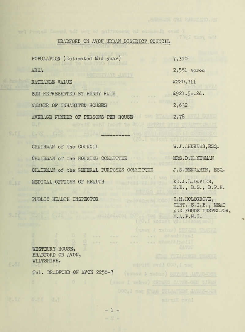 BRADFORD ON AVON URBAN DISTRICT COUNCIL POPULATION (Estimated Mid-year) AREA RATEABLE VALUE SUM REPRESENTED BY PENNY RATE NUMBER OF INHABITED HOUSES AVERAGE NUMBER OF PERSONS PER HOUSE CHAIRMAN of the COUNCIL CHAIRMAN of the HOUSING COMMITTEE CHAIRMAN of the GENERAL PURPOSES COMMITTEE MEDICAL OFFICER OF HEALTH PUBLIC HEALTH INSPECTOR VfflSTBURY HOUSE, BRADFORD ON AVON, WILTSHIRE. Tel. BRADFORD ON AVON 2256-7 7,310 2,551 aoroe £220,711 £921.5s.2d. 2,632 2.78 W.J.ANDREWS,ESQ. MRS. D. M. NEWMAN J.S.BENJAMIN, ESQ. DR.J.L.DAVIES, M.B., B.S., D.P.H. C. M. HOLSGROVE, CERT. S.I.B., MEAT AND FOODS INSPECTOR, M.A.P.H.I.