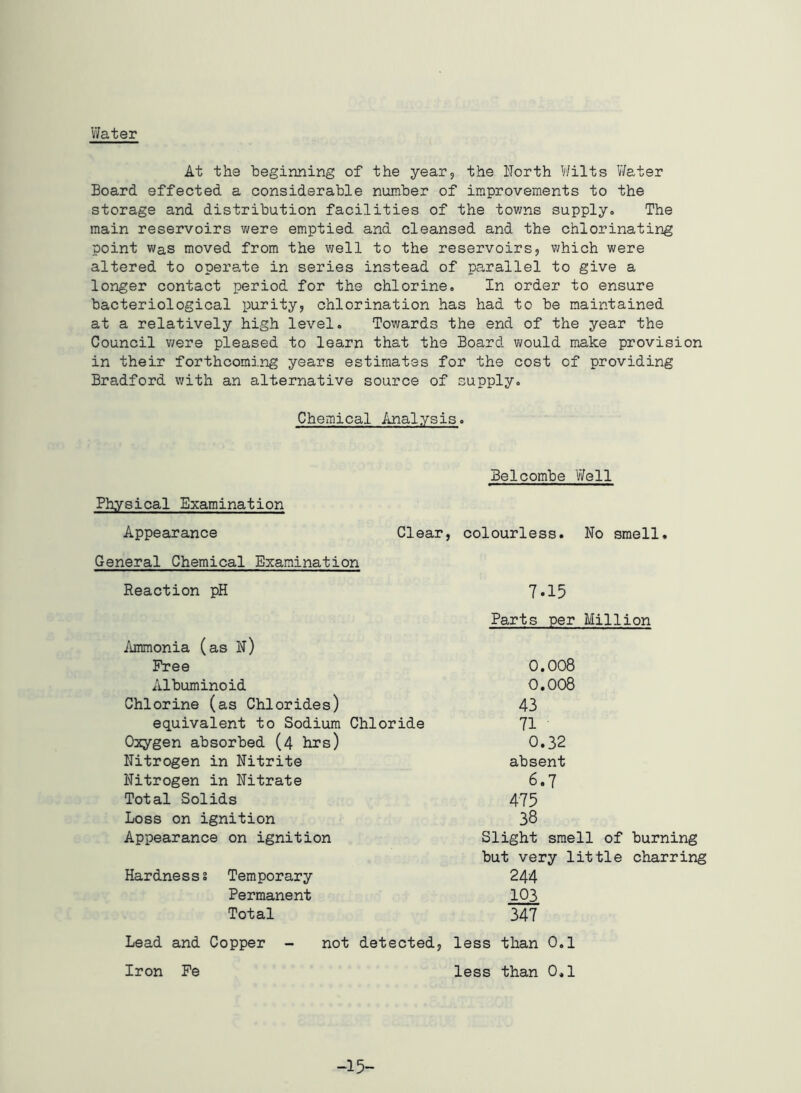 Water At the beginning of the year, the North Wilts Water Board effected a considerable number of improvements to the storage and distribution facilities of the towns supply. The main reservoirs were emptied and cleansed and the chlorinating point was moved from the well to the reservoirs, which were altered to operate in series instead of parallel to give a longer contact period for the chlorine. In order to ensure bacteriological purity, chlorination has had to be maintained at a relatively high level. Towards the end of the year the Council were pleased to learn that the Board would make provision in their forthcoming years estimates for the cost of providing Bradford with an alternative source of supply. Chemical Analysis. Physical Examination Appearance General Chemical Examination Reaction pH Ammonia (as N) Free Albuminoid Chlorine (as Chlorides) equivalent to Sodium Chloride Oxygen absorbed (4 hrs) Nitrogen in Nitrite Nitrogen in Nitrate Total Solids Loss on ignition Appearance on ignition Hardness § Temporary Permanent Total Belcombe Well Clear, colourless. No smell. 7.15 Parts per Million 0.008 0.008 43 71 0.32 absent 6.7 475 38 Slight smell of burning but very little charring 244 103 347 Lead and Copper Iron Fe not detected, less than 0.1 less than 0,1