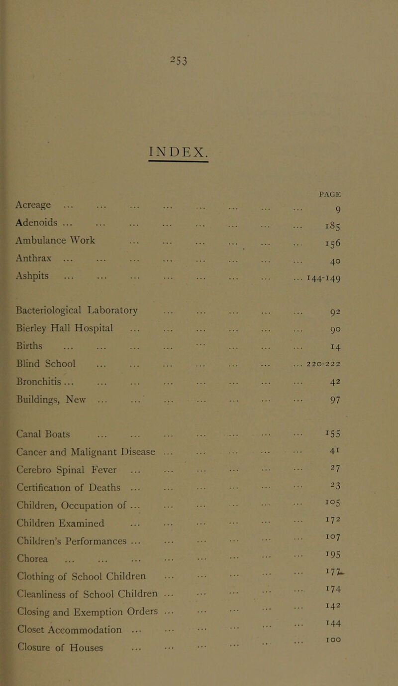 INDEX. Acreage Adenoids ... Ambulance Work Anthrax .Ashpits P.\GE 9 185 156 40 ... 144-149 Bacteriological Laboratory Bierley Hall Hospital Births Blind School Bronchitis ... Buildings, New ... 92 90 14 ... 220-222 42 97 Canal Boats Cancer and Malignant Disease .. Cerebro Spinal Fever Certification of Deaths ... Children, Occupation of ... Children Examined Children’s Performances ... Chorea Clothing of School Children Cleanliness of School Children .. Closing and Exemption Orders .. Closet Accommodation ... Closure of Houses 155 41 27 23 105 172 107 195 177^ 174 142 144 100