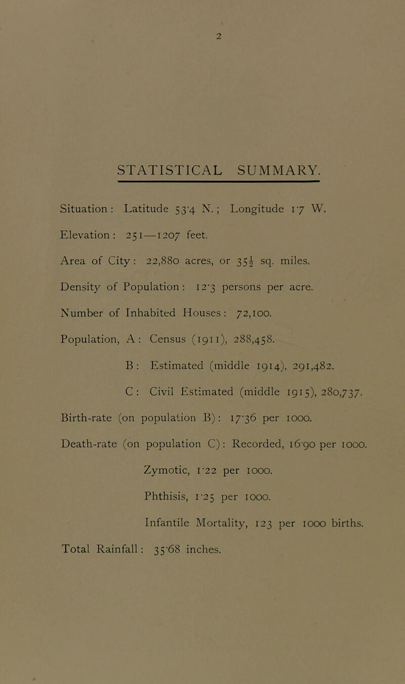 STATISTICAL SUMMARY. Situation: Latitude 534. N.; Longitude 17 W. Elevation: 251 —1207 feet. Area of City: 22,880 acres, or 35^ sq. miles. Density of Population: I2‘3 persons per acre. Number of Inhabited Houses: 72,100. Population, A: Census (1911), 288,458. B: Estimated (middle 1914), 291,482. C: Civil Estimated (middle 1915), 280,737. Birth-rate (on population B): I7'36 per 1000. Death-rate (on population C): Recorded, 16 90 per 1000. Zymotic, 1’22 per 1000. Phthisis, 125 per 1000. Infantile Mortality, 123 per 1000 births. Total Rainfall: 35*68 inches.