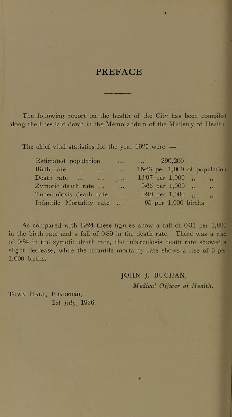 PREFACE The following- report on the health of the City has been compiled along the lines laid down in the Memorandum of the Ministry of Health. The chief vital statistics for the year 1925 were :— Estimated population Birth rate Death rate Zymotic death rate ... Tuberculosis death rate Infantile Mortality rate 290,200 16-63 per 1,000 of population 13-97 per 1,000 ,, ,, 0-65 per 1,000 ,, ,, 0-98 per 1,000 ,, ,, 95 per 1,000 births As compared with 1924 these figures show a fall of 0-31 per 1,000 in the birth rate and a fall of 0-89 in the death rate. There was a rise of 0-34 in the zymotic death rate, the tuberculosis death rate showed a slight decrease, while the infantile mortality rate shows a rise of''3 per 1,000 births. Town Hall, Bradford, 1st July, 1926. JOHN J. BUCHAN, Medical Officer of Health.