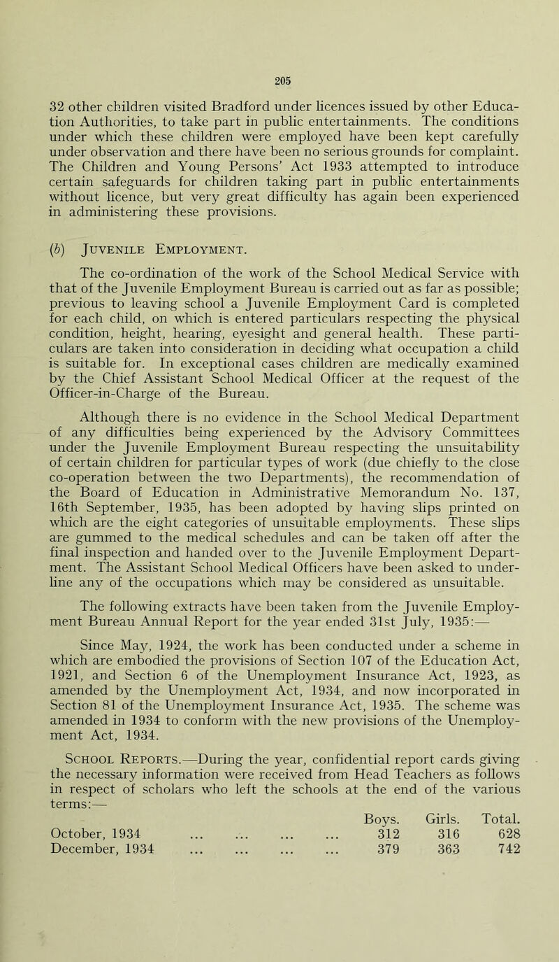 32 other children visited Bradford under licences issued by other Educa- tion Authorities, to take part in public entertainments. The conditions under which these children were employed have been kept carefully under observation and there have been no serious grounds for complaint. The Children and Young Persons’ Act 1933 attempted to introduce certain safeguards for children taking part in public entertainments without licence, but very great difficulty has again been experienced in administering these provisions. (b) Juvenile Employment. The co-ordination of the work of the School Medical Service with that of the Juvenile Employment Bureau is carried out as far as possible; previous to leaving school a Juvenile Employment Card is completed for each child, on which is entered particulars respecting the physical condition, height, hearing, eyesight and general health. These parti- culars are taken into consideration in deciding what occupation a child is suitable for. In exceptional cases children are medically examined by the Chief Assistant School Medical Officer at the request of the Officer-in-Charge of the Bureau. Although there is no evidence in the School Medical Department of any difficulties being experienced by the Advisory Committees under the Juvenile Employment Bureau respecting the unsuitabihty of certain children for particular types of work (due chiefly to the close co-operation between the two Departments), the recommendation of the Board of Education in Administrative Memorandum No. 137, 16th September, 1935, has been adopted by having slips printed on which are the eight categories of unsuitable employments. These slips are gummed to the medical schedules and can be taken off after the final inspection and handed over to the Juvenile Employment Depart- ment. The Assistant School Medical Officers have been asked to under- line any of the occupations which may be considered as unsuitable. The following extracts have been taken from the Juvenile Employ- ment Bureau Annual Report for the year ended 31st July, 1935;— Since May, 1924, the work has been conducted under a scheme in which are embodied the provisions of Section 107 of the Education Act, 1921, and Section 6 of the Unemployment Insurance Act, 1923, as amended by the Unemployment Act, 1934, and now incorporated in Section 81 of the Unemployment Insurance Act, 1935. The scheme was amended in 1934 to conform with the new provisions of the Unemploy- ment Act, 1934. School Reports.—During the year, confidential report cards giving the necessary information were received from Head Teachers as follows in respect of scholars who left the schools at the end of the various terms:— Boys. Girls. Total. October, 1934 312 316 628 December, 1934 379 363 742